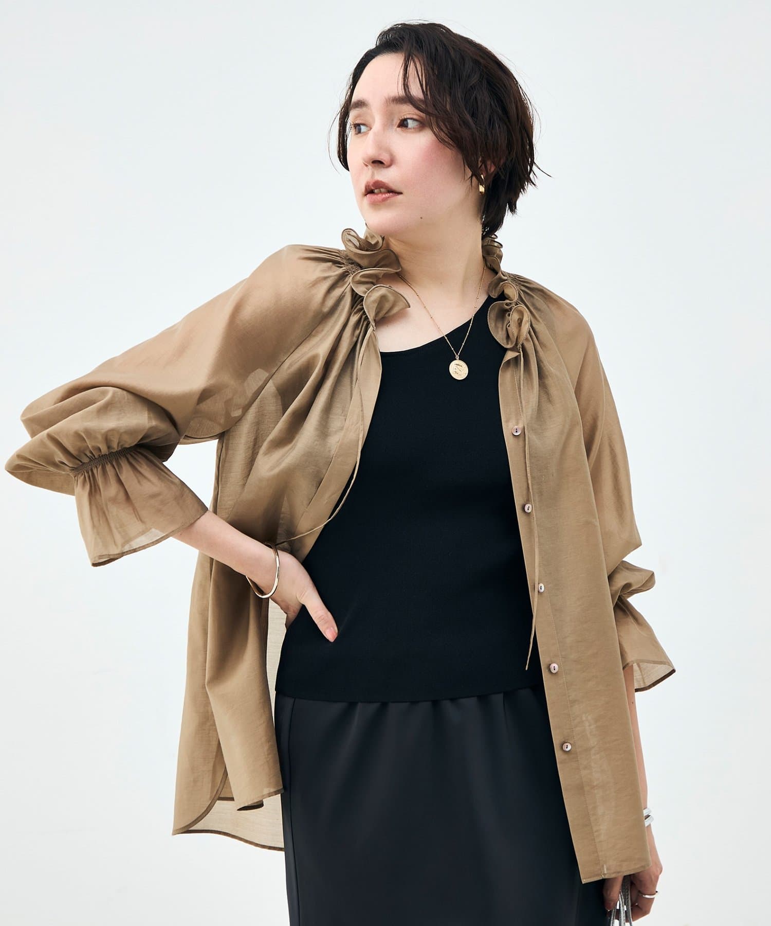 NOLLEY'S(ノーリーズ) ウォッシャブルシアーオーガンジーフリルネックブラウス