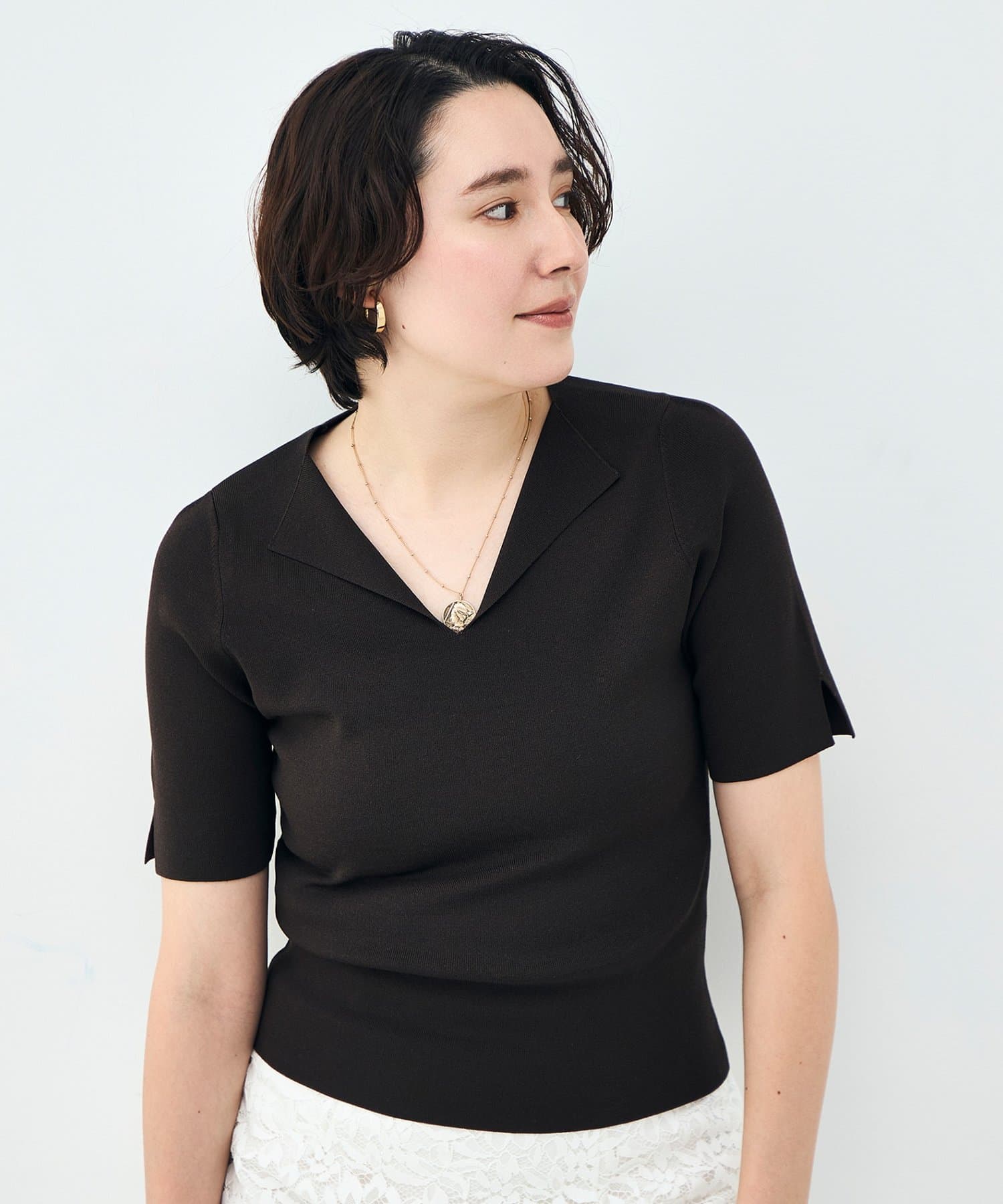 NOLLEY'S(ノーリーズ) 《手洗い可能》トライアングルカラー総針5分袖プルオーバー