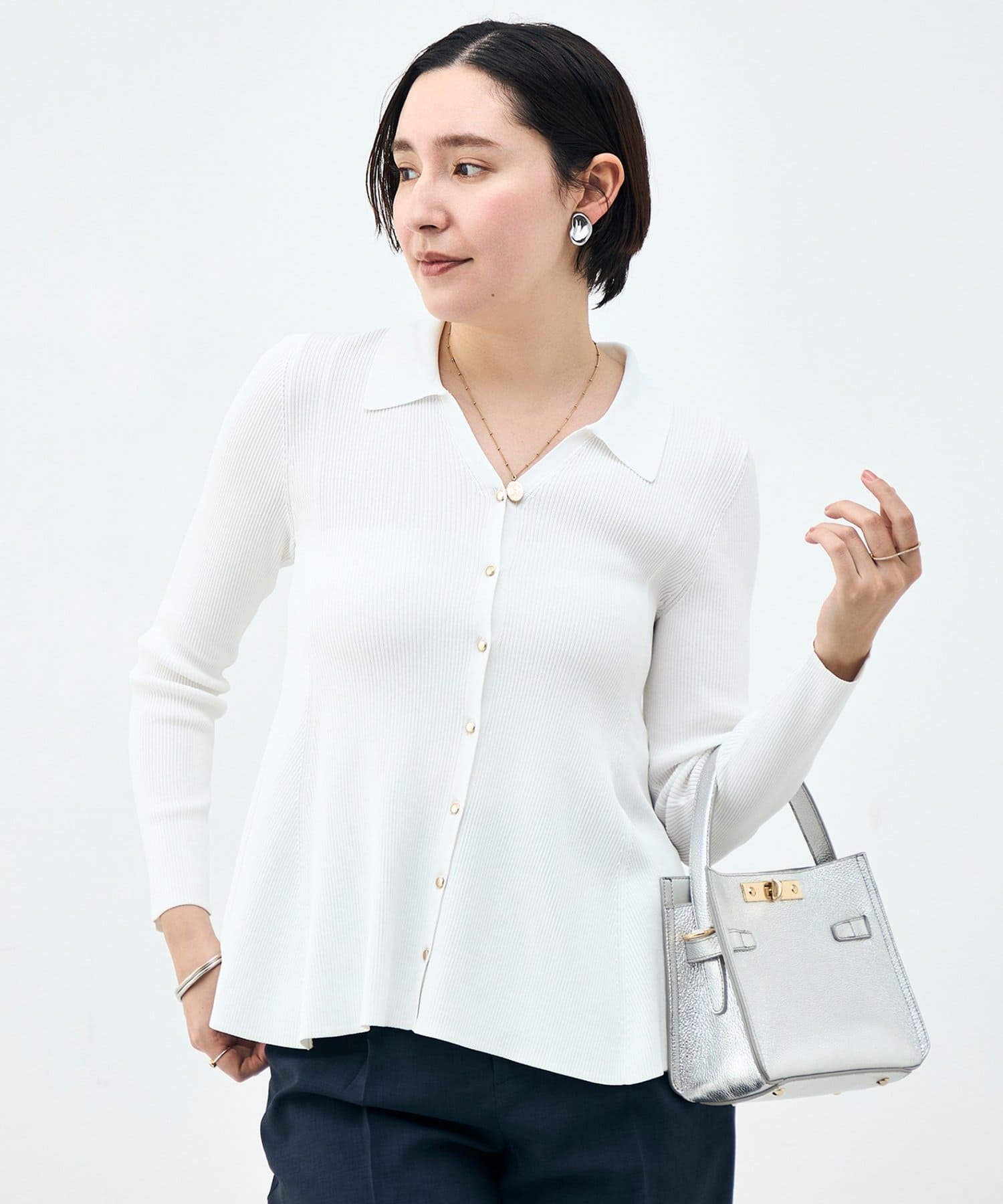 NOLLEY'S(ノーリーズ) 《手洗い可能》リブフレアスキッパーポロ襟カーディガン