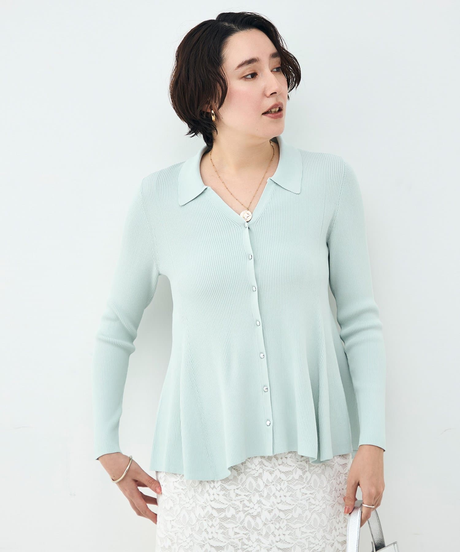 NOLLEY'S(ノーリーズ) 《手洗い可能》リブフレアスキッパーポロ襟カーディガン