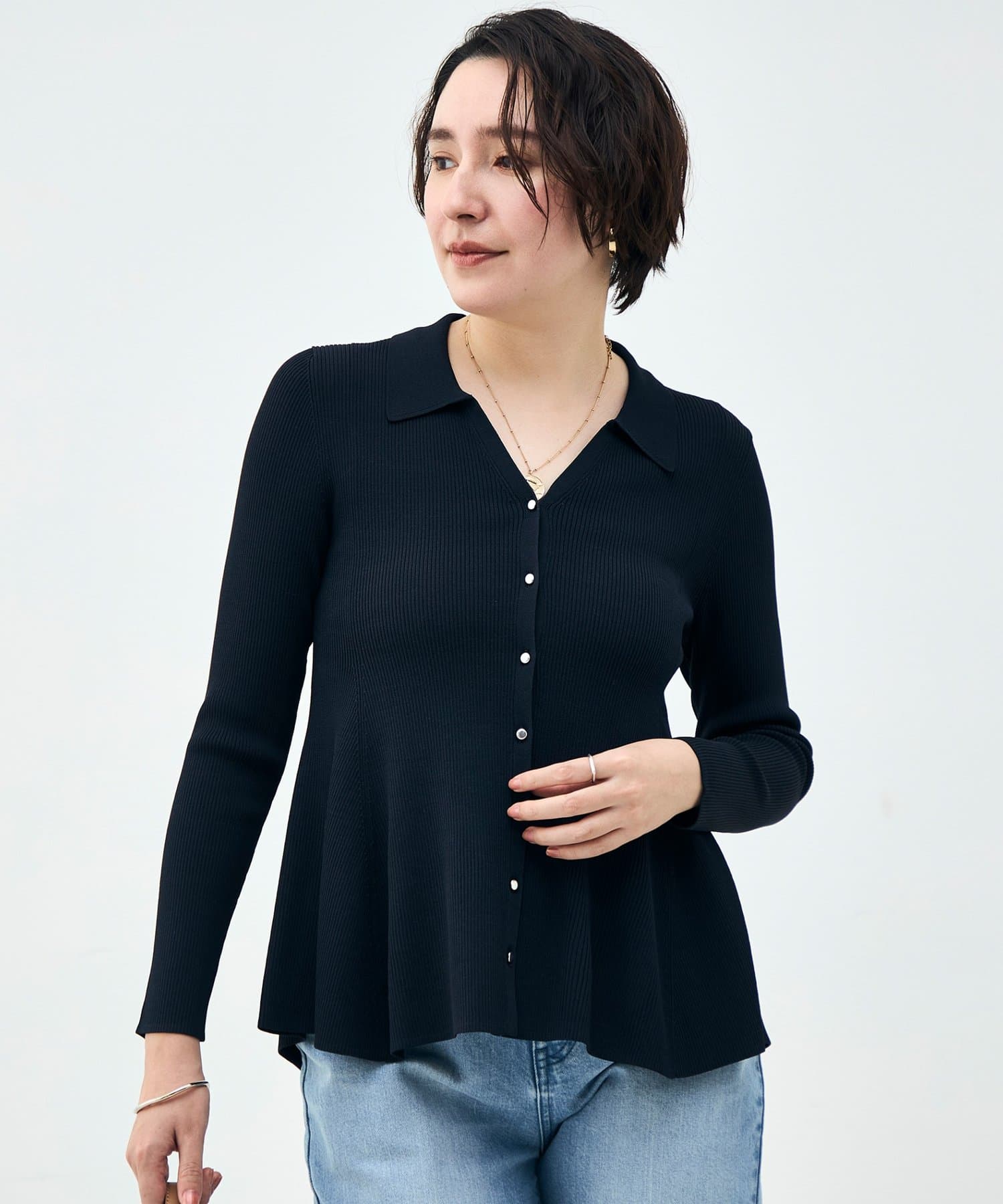 NOLLEY'S(ノーリーズ) 《手洗い可能》リブフレアスキッパーポロ襟カーディガン