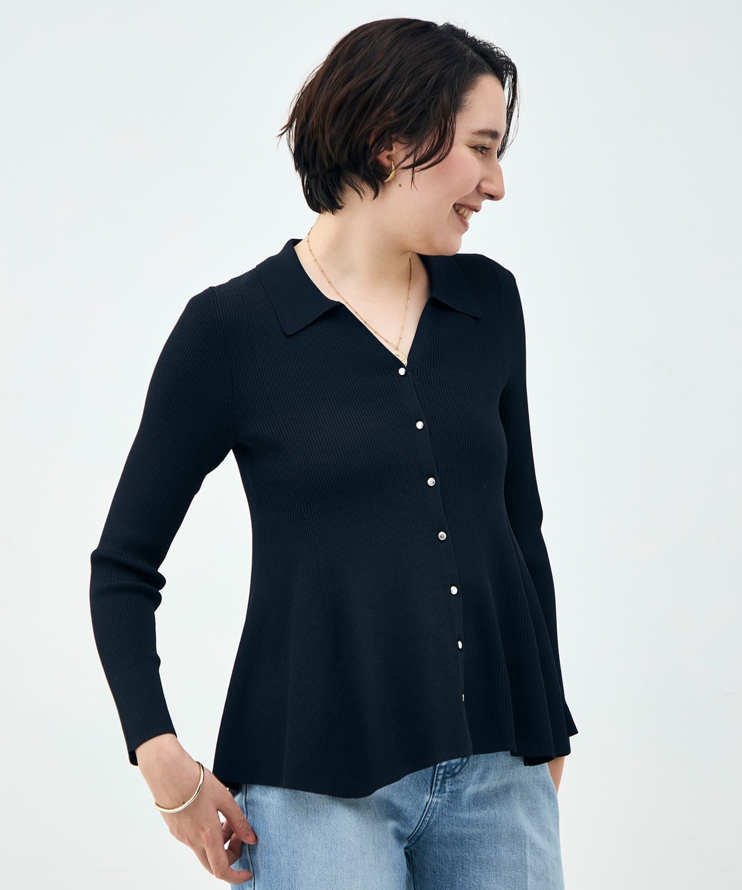 NOLLEY'S(ノーリーズ) 《手洗い可能》リブフレアスキッパーポロ襟カーディガン