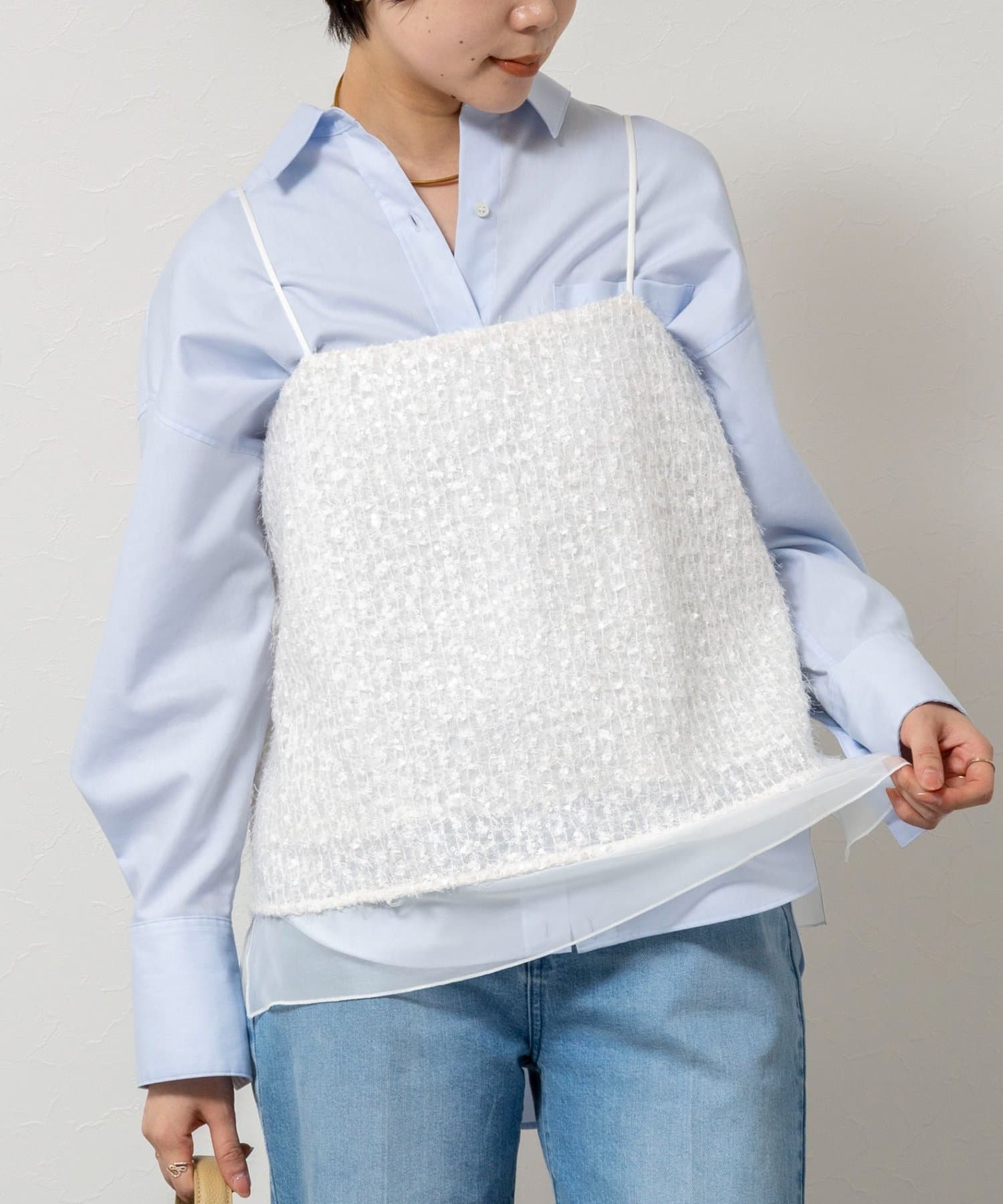 NOLLEY'S(ノーリーズ) ウォッシャブルフェザースパンコールチュールキャミブラウス