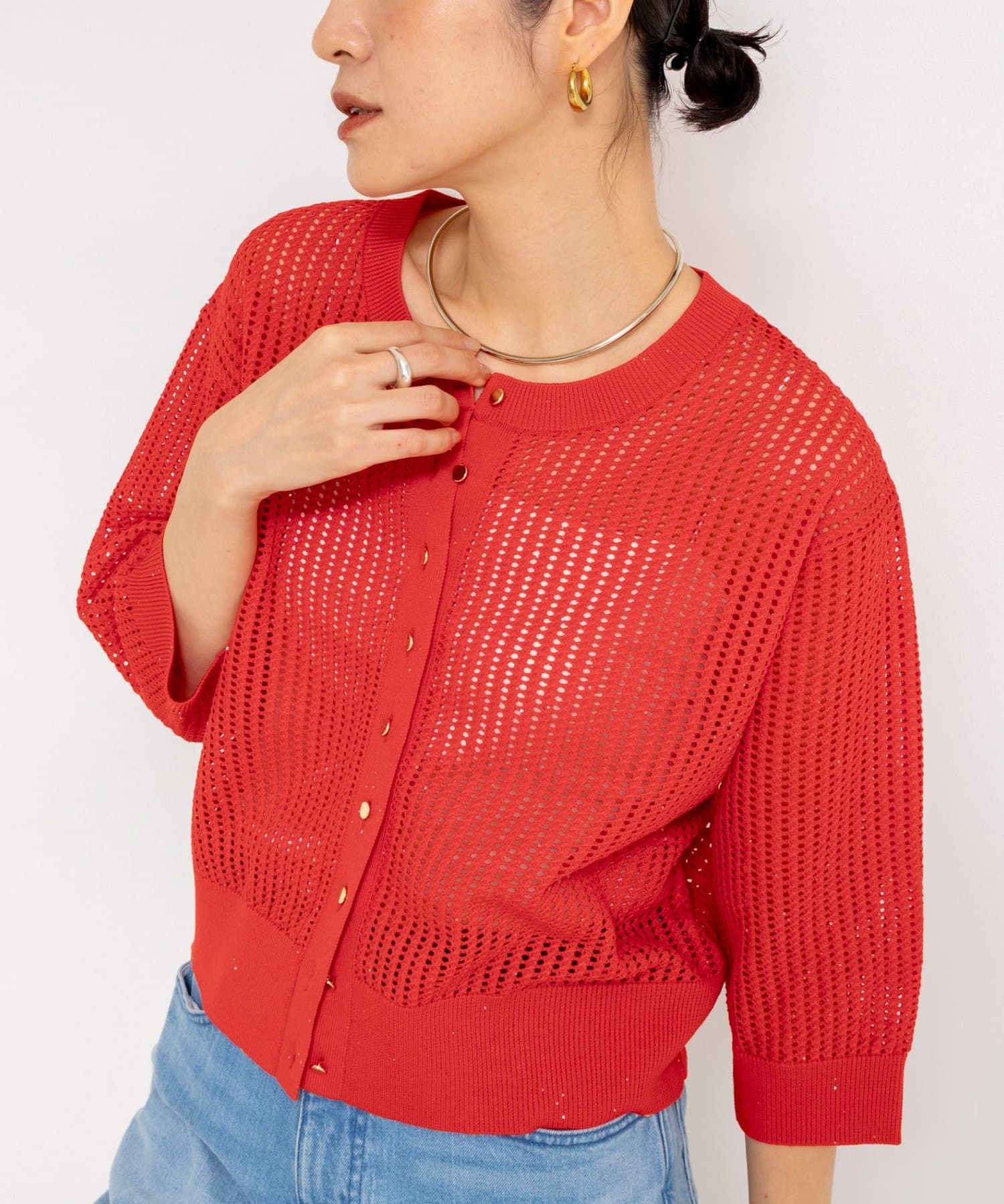 NOLLEY'S(ノーリーズ) 《手洗い可能》メッシュスパンコール6分袖カーディガン