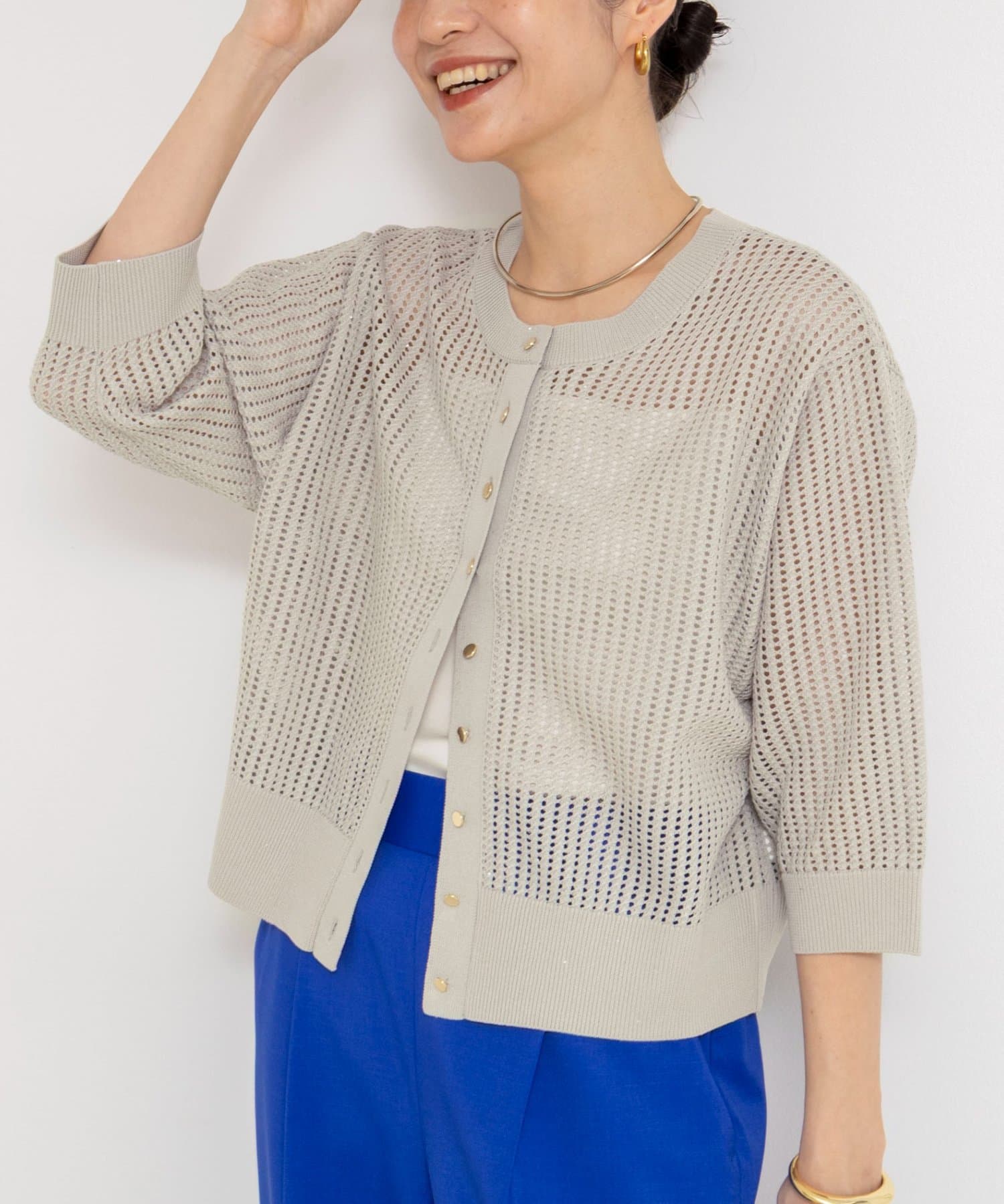 NOLLEY'S(ノーリーズ) 《手洗い可能》メッシュスパンコール6分袖カーディガン