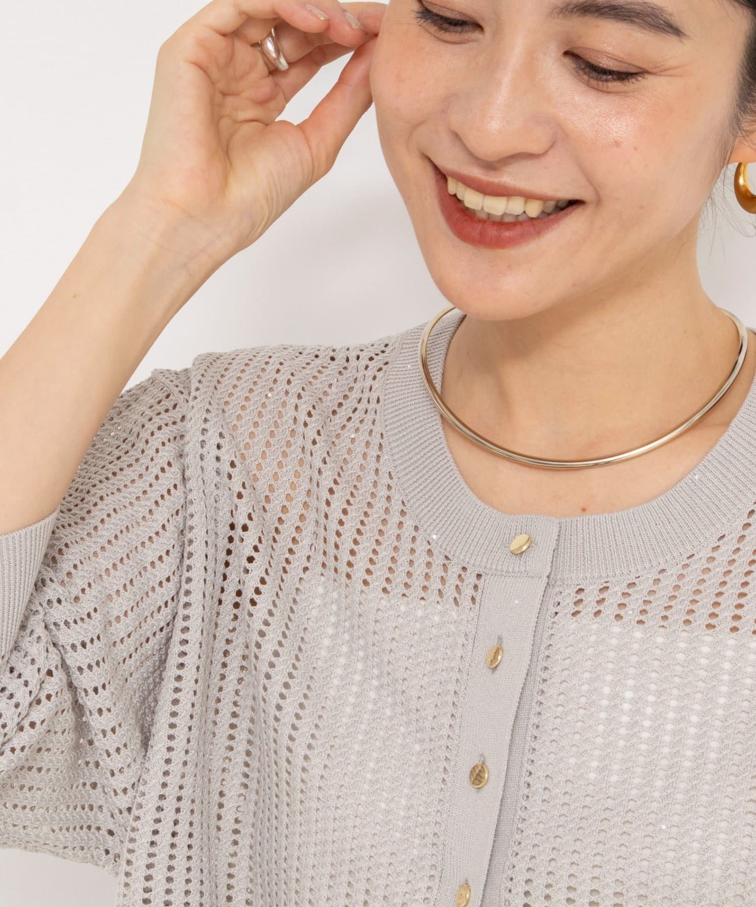 NOLLEY'S(ノーリーズ) 《手洗い可能》メッシュスパンコール6分袖カーディガン