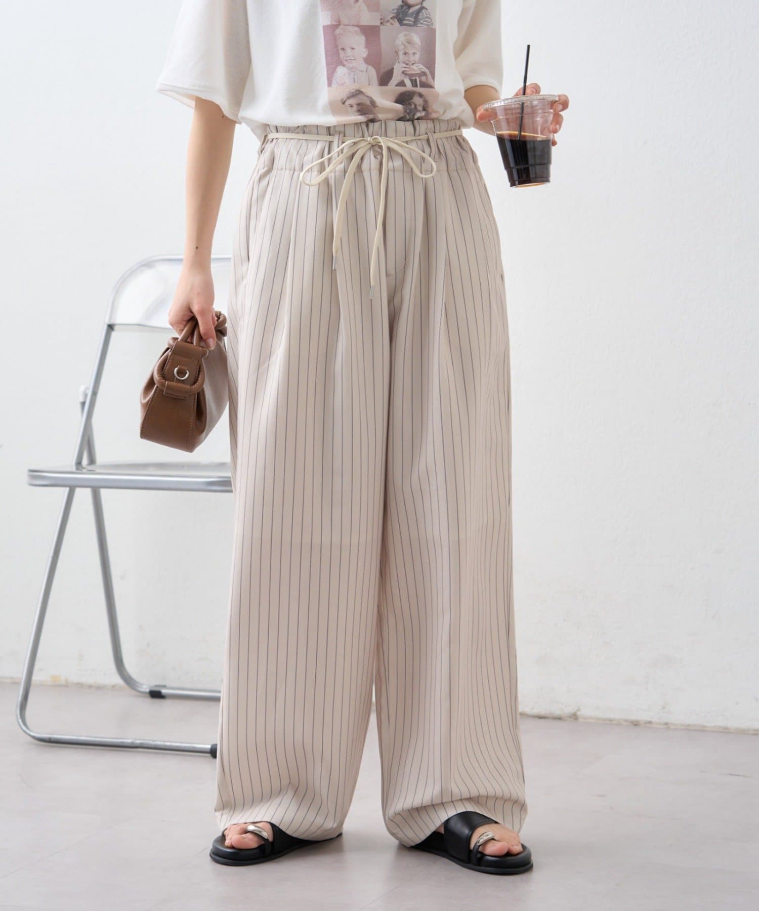 CIAOPANIC TYPY(チャオパニックティピー) 【接触冷感/5サイズ展開】テックリネンウエスト紐ベルトワイドイージースラックス