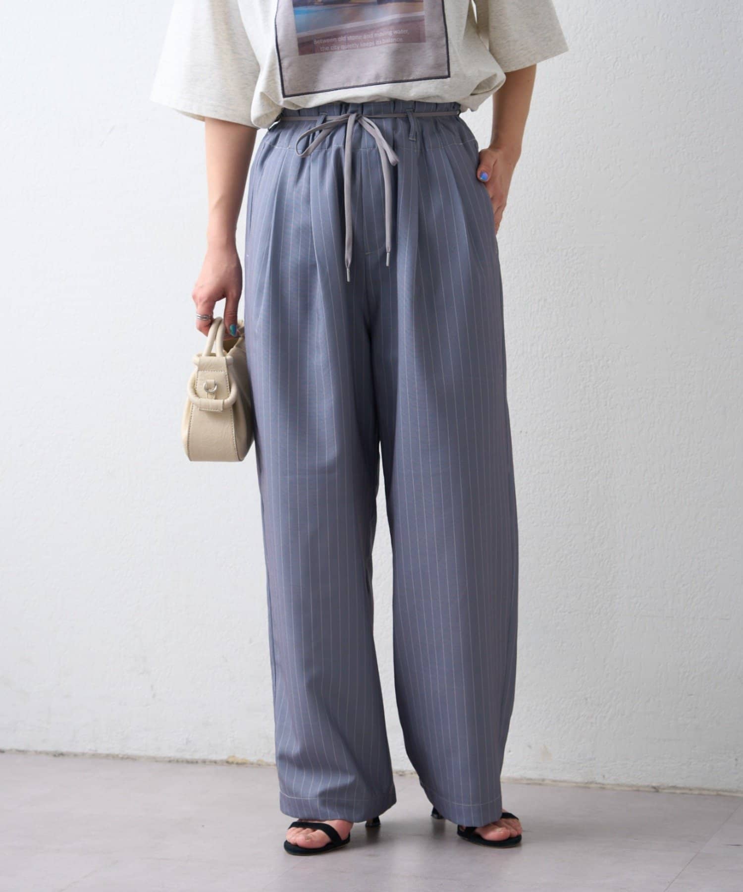 CIAOPANIC TYPY(チャオパニックティピー) 【接触冷感/5サイズ展開】テックリネンウエスト紐ベルトワイドイージースラックス