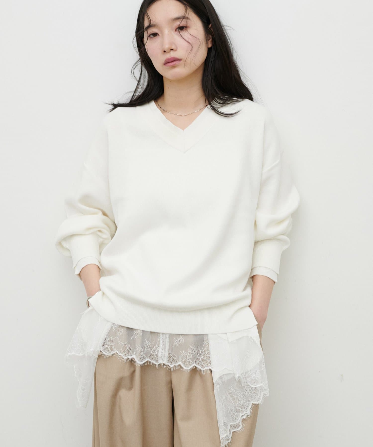 LARUTA(ラルータ) スウェットライクダブルジャガード2重Vネックニットプルオーバー