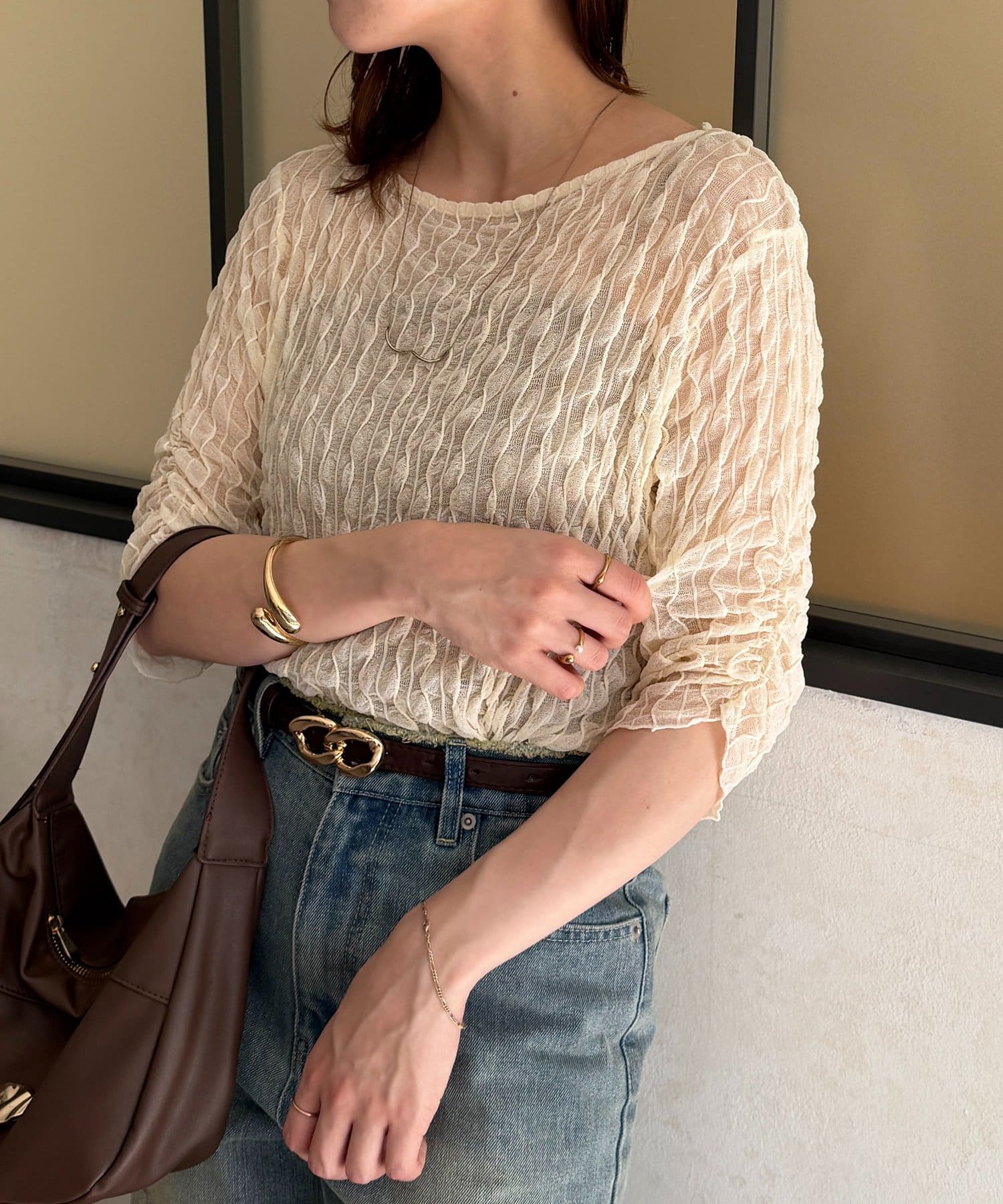 Thevon.(ゼヴォン) ウェーブ柄5分袖シアープルオーバー