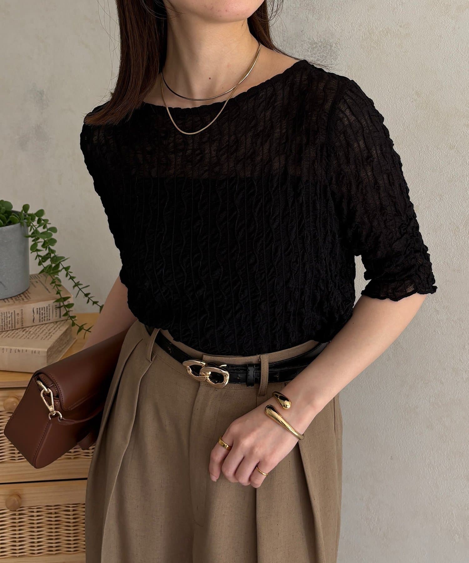 Thevon.(ゼヴォン) ウェーブ柄5分袖シアープルオーバー