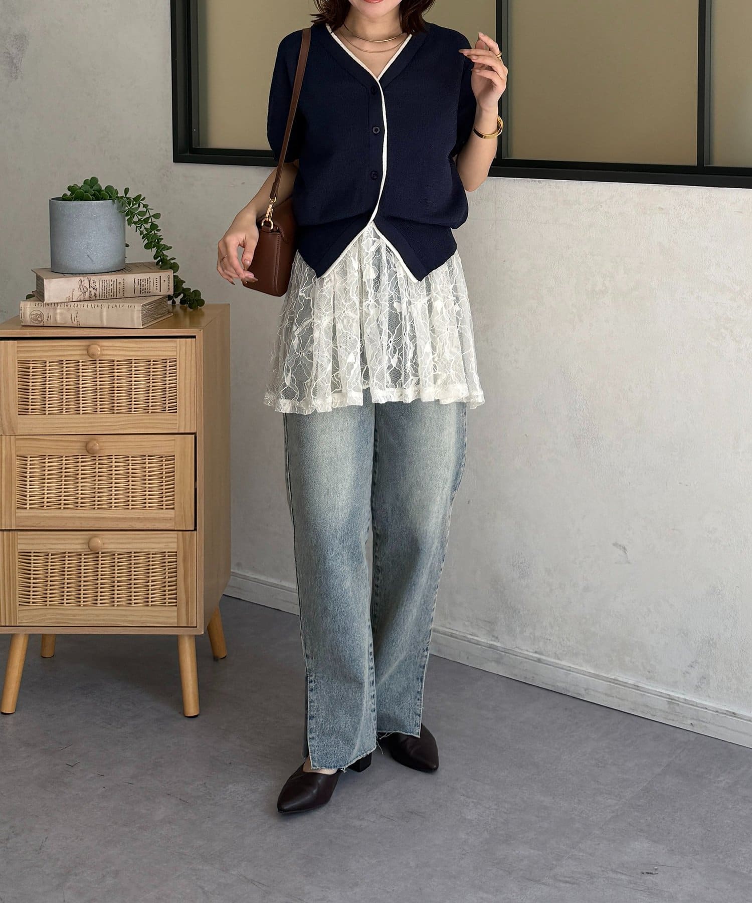 Thevon.(ゼヴォン) バイカラー5分袖ショートパフカーディガン