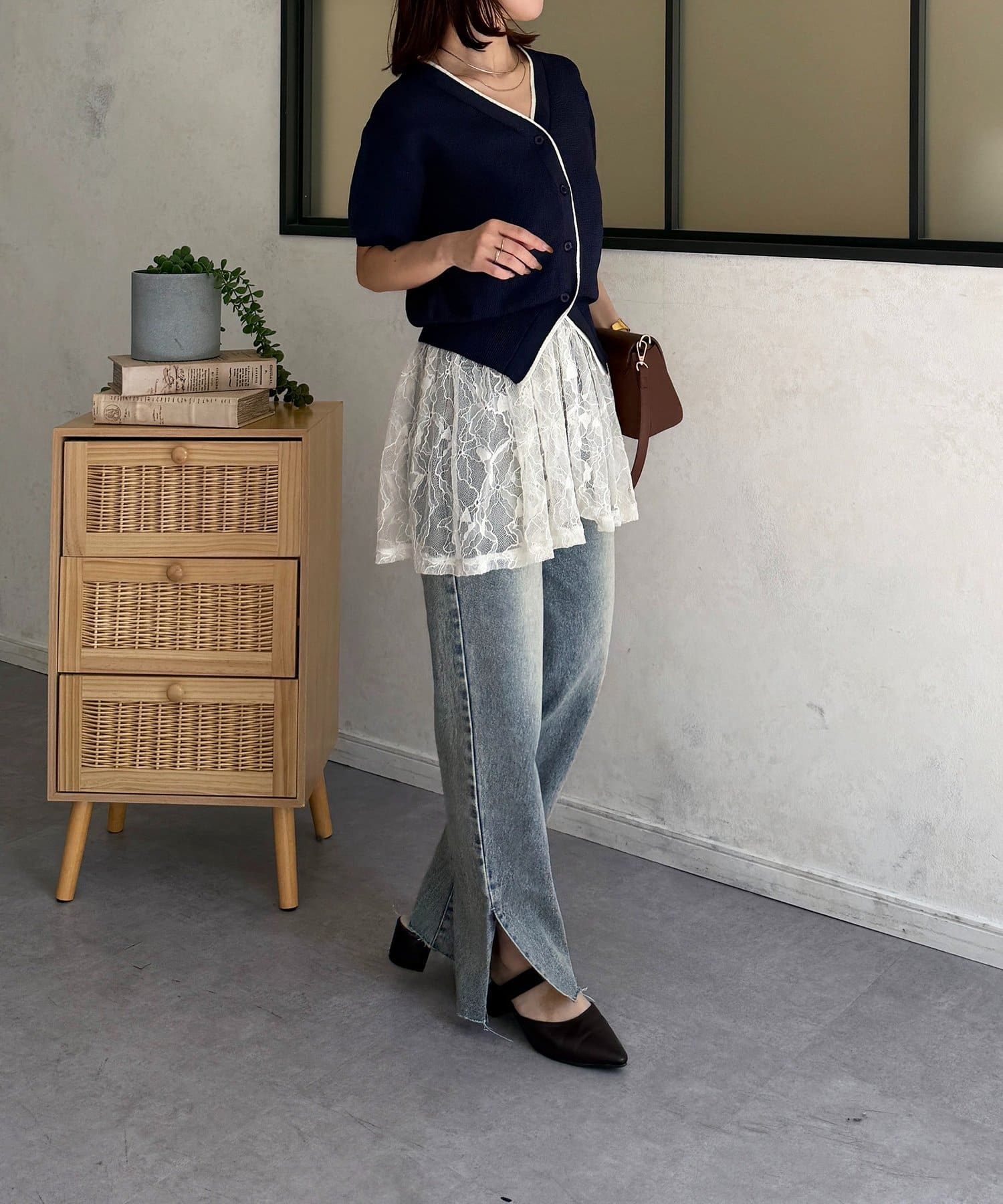 Thevon.(ゼヴォン) バイカラー5分袖ショートパフカーディガン