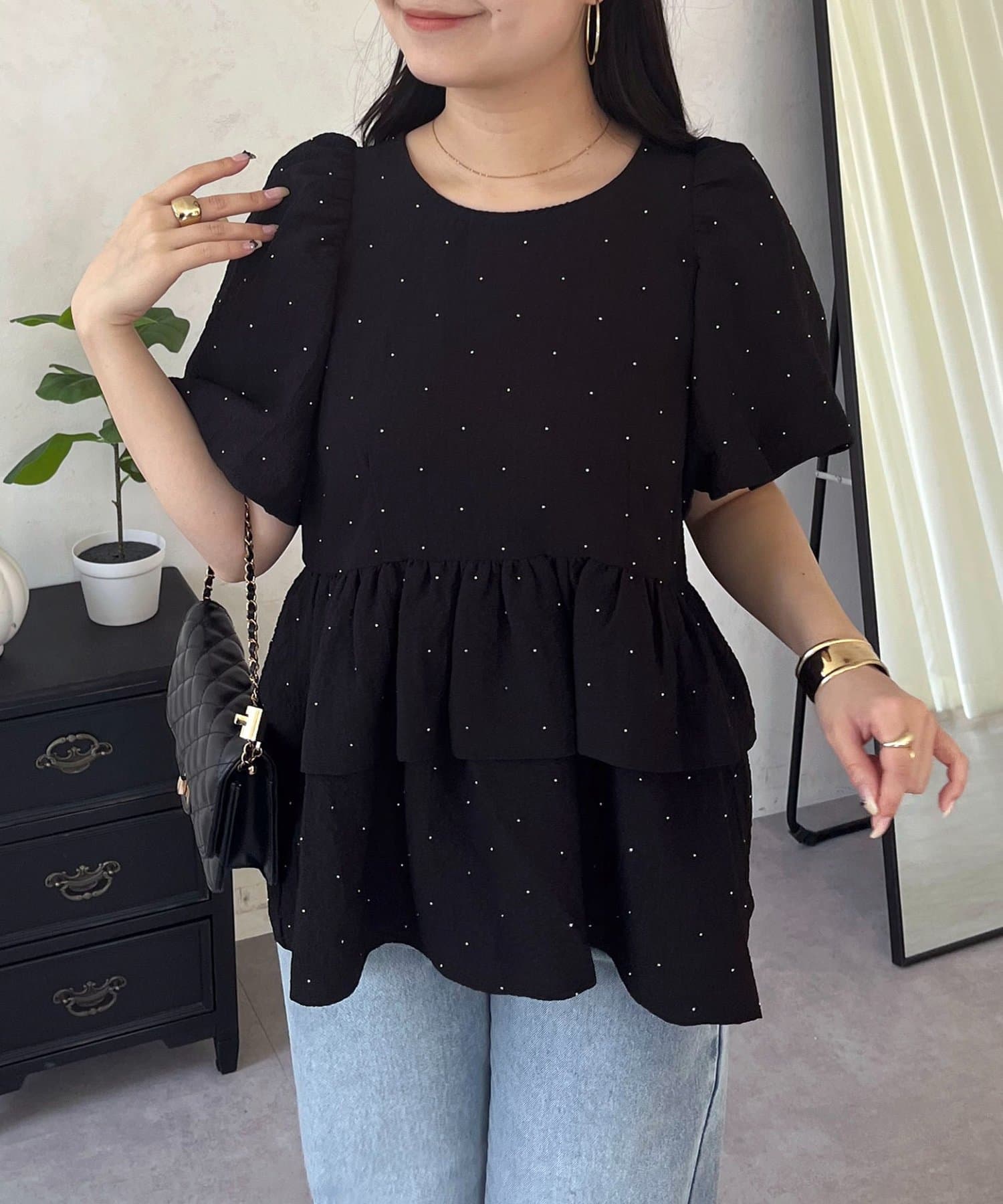 prose verse(プロズヴェール) Wフリルキラキラペプラムパフスリーブブラウス