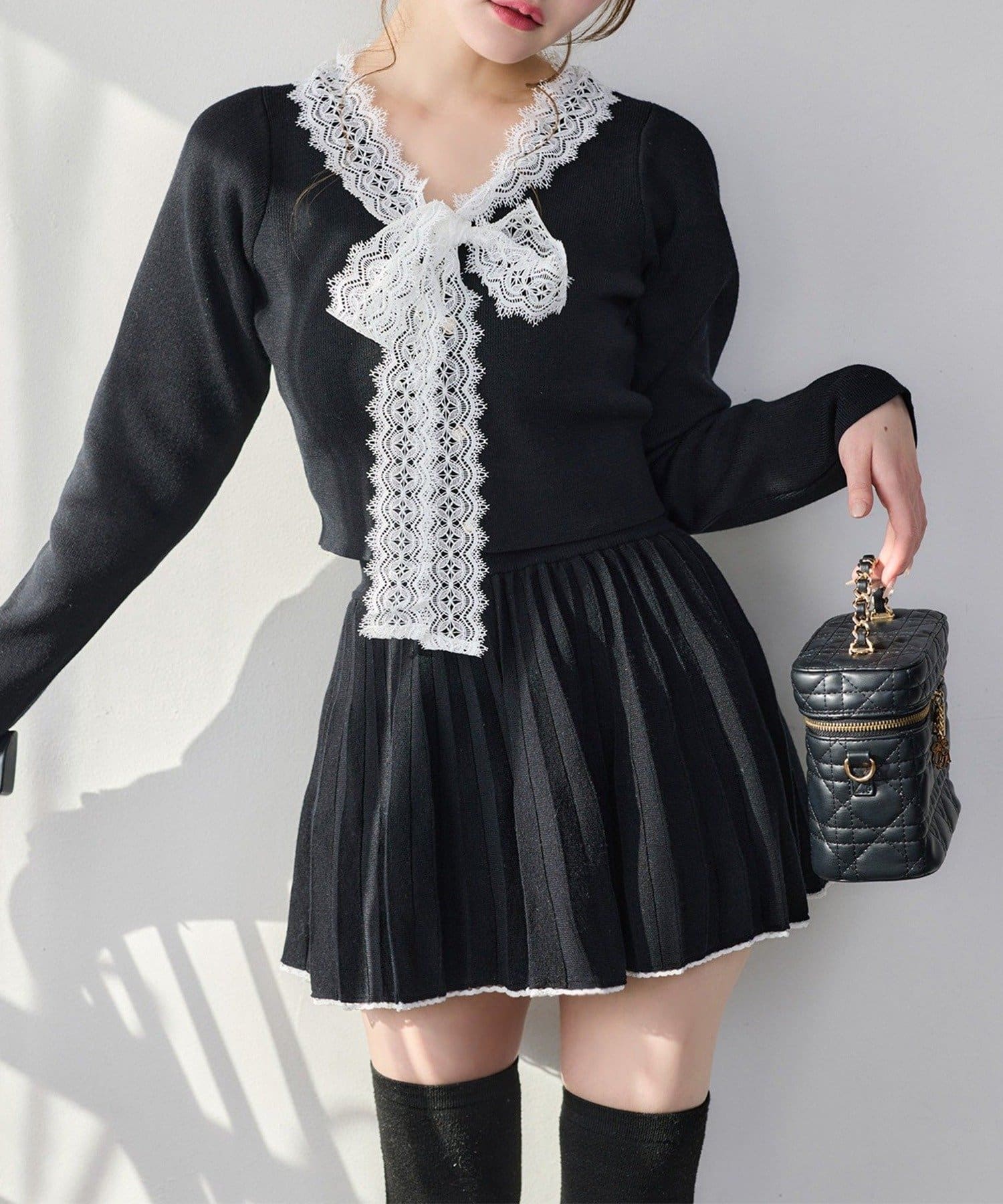 NICE CLAUP / OLIVE des OLIVE OUTLET(ナイスクラップ  / オリーブ デ オリーブ アウトレット) 【one after another】レースボウタイニットセットアップ