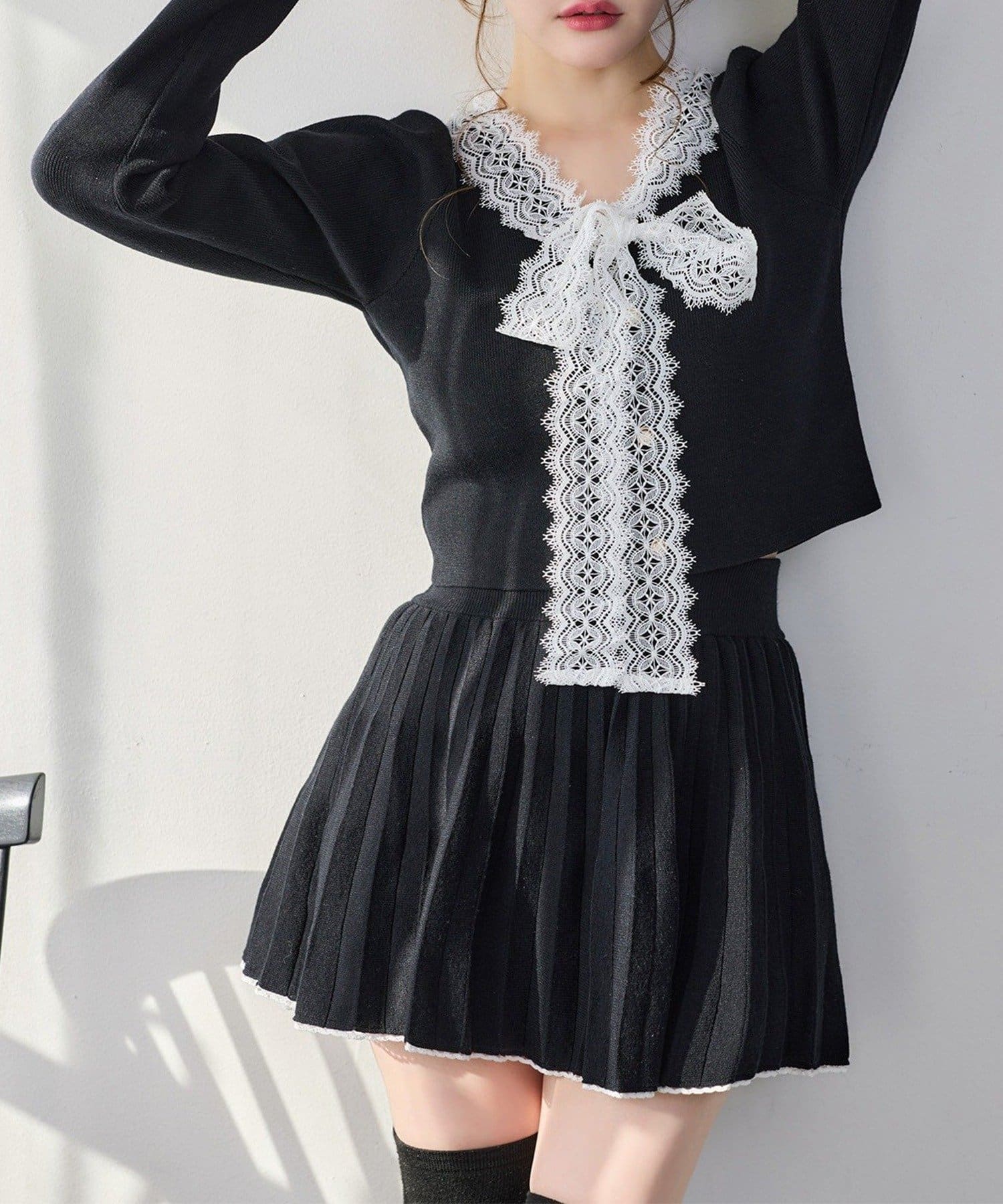 NICE CLAUP / OLIVE des OLIVE OUTLET(ナイスクラップ  / オリーブ デ オリーブ アウトレット) 【one after another】レースボウタイニットセットアップ