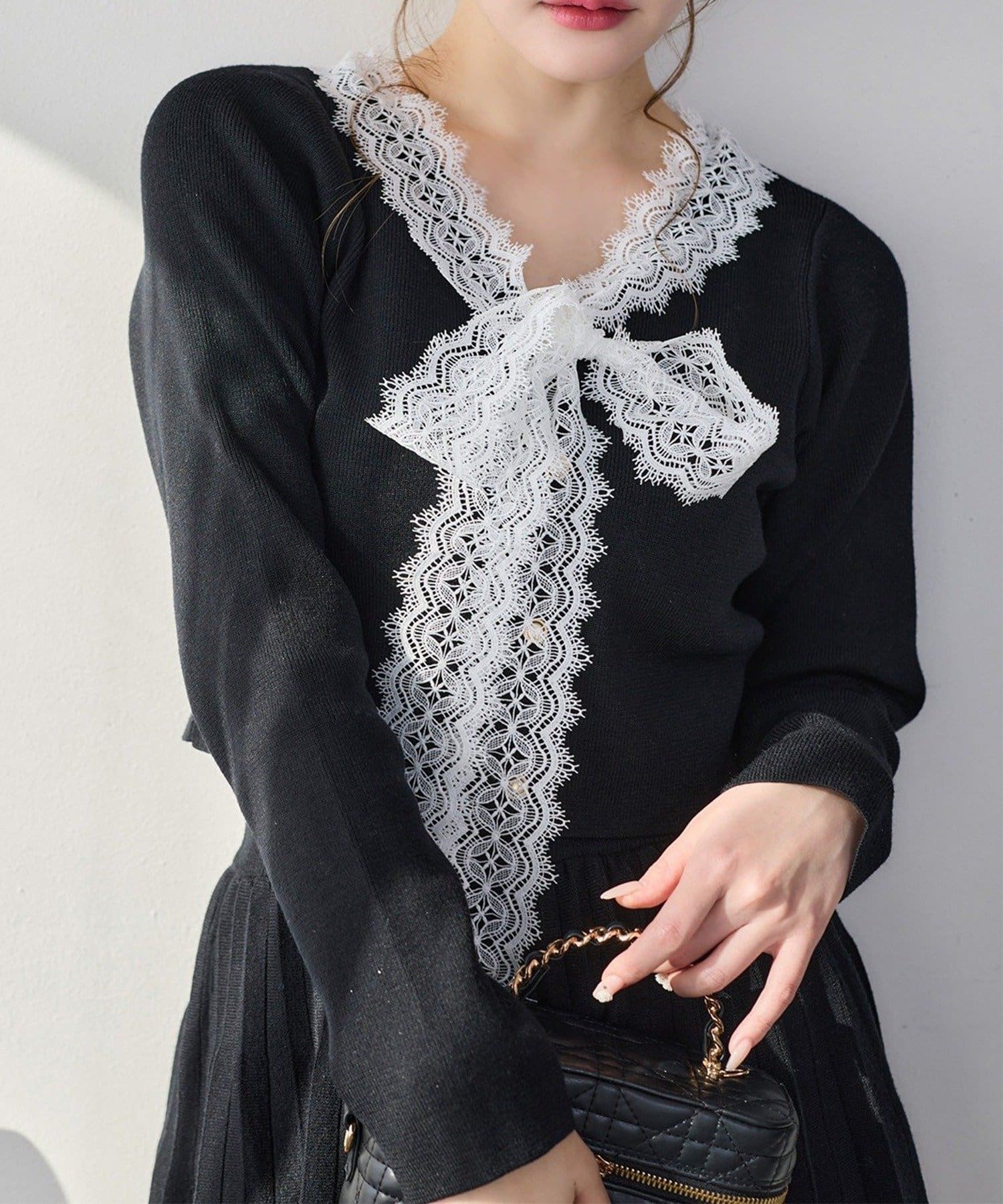 NICE CLAUP / OLIVE des OLIVE OUTLET(ナイスクラップ  / オリーブ デ オリーブ アウトレット) 【one after another】レースボウタイニットセットアップ