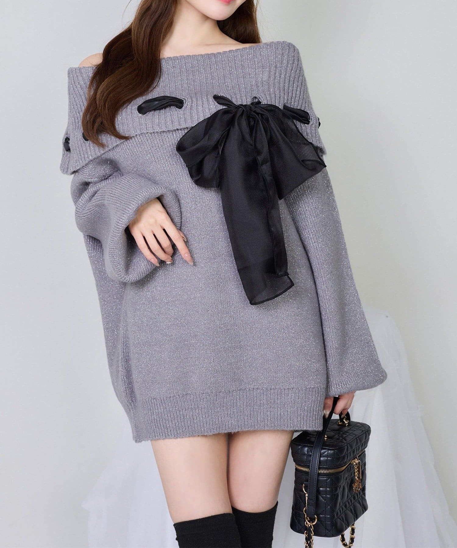 NICE CLAUP / OLIVE des OLIVE OUTLET(ナイスクラップ  / オリーブ デ オリーブ アウトレット) 【one after another】リボン付きオフショルニットワンピ