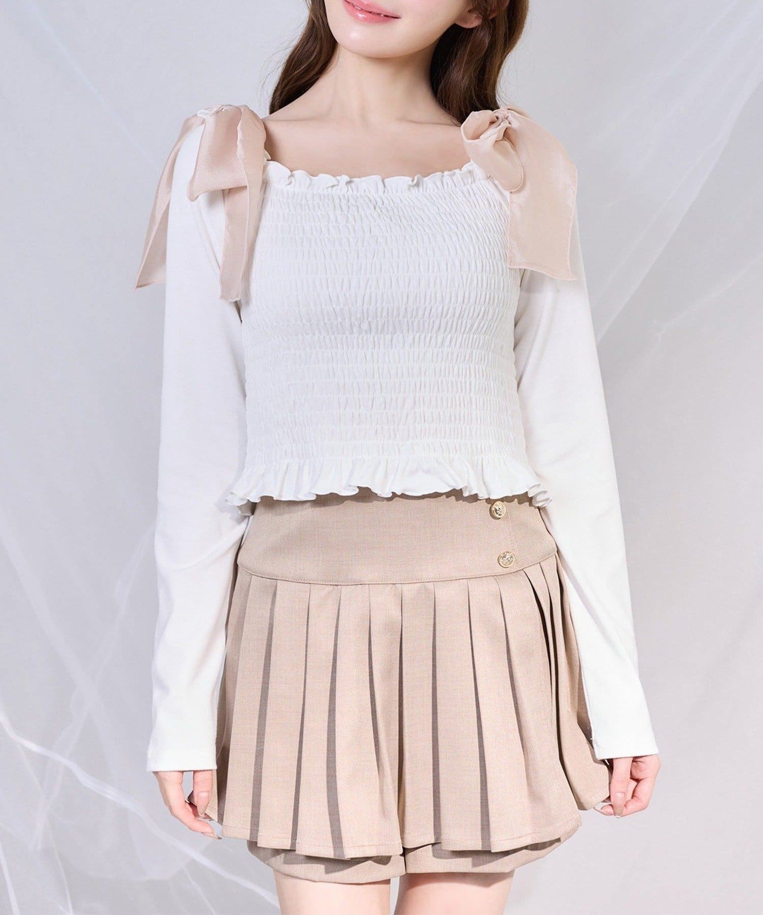 NICE CLAUP / OLIVE des OLIVE OUTLET(ナイスクラップ  / オリーブ デ オリーブ アウトレット) 【one after another】肩リボンシャーリングトップス