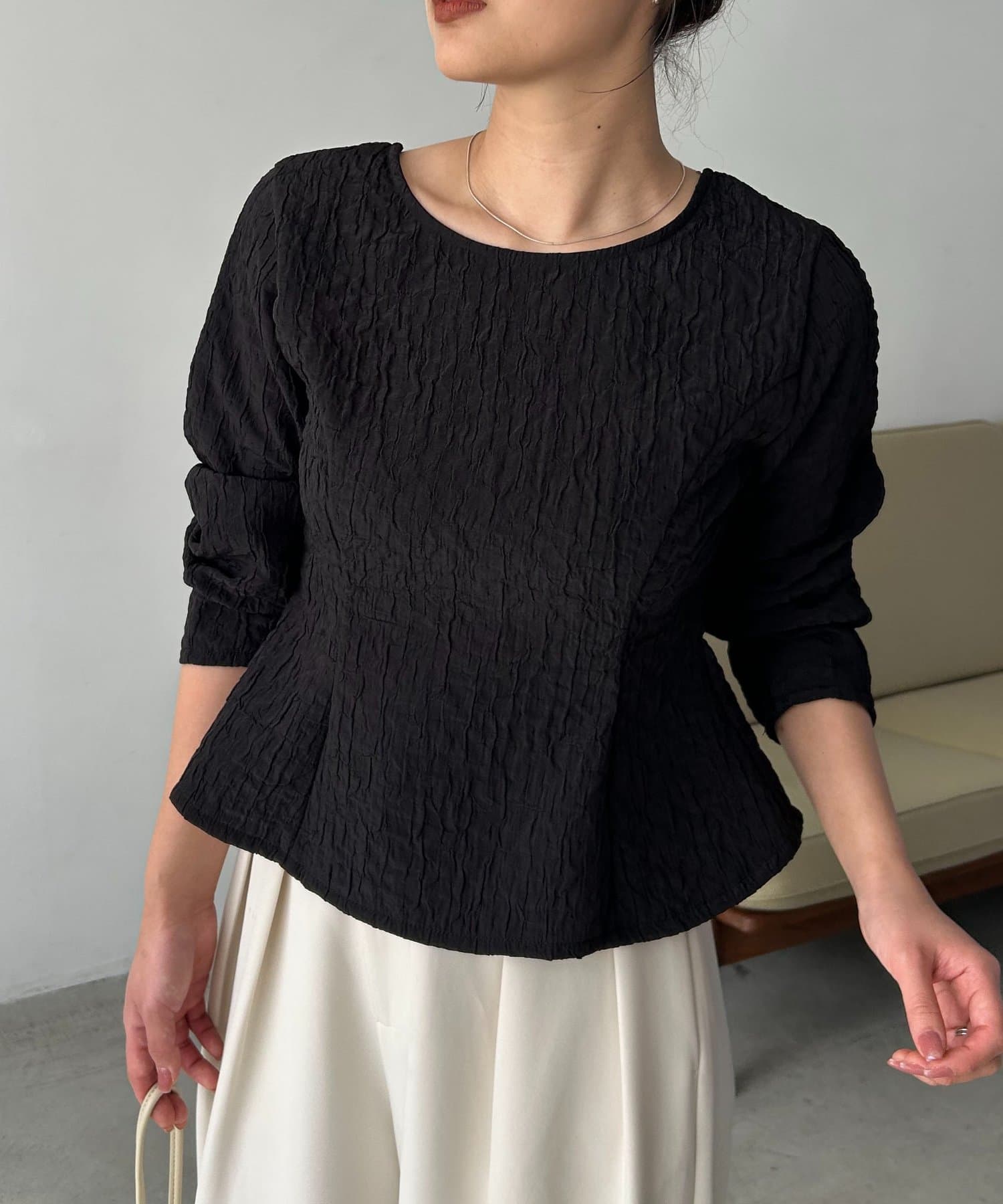 CAPRICIEUX LE'MAGE(カプリシュレマージュ) ジャガードバックリボンペプラムブラウス