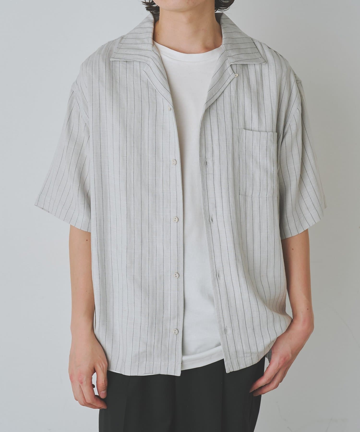 COLONY 2139(コロニー トゥーワンスリーナイン) 麻混ストライプオープンカラーシャツ