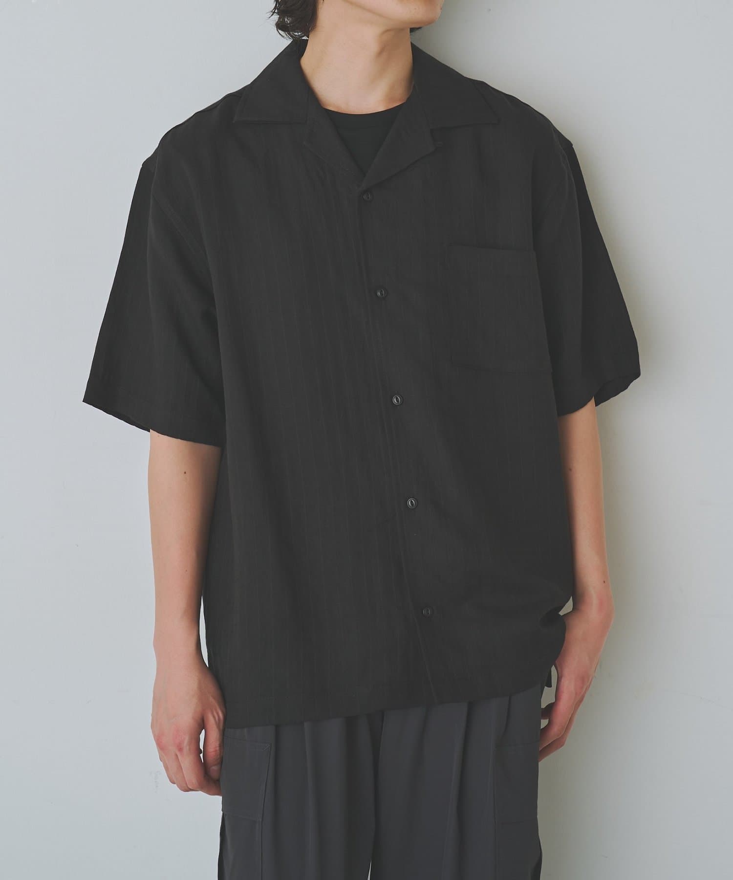 COLONY 2139(コロニー トゥーワンスリーナイン) 麻混ストライプオープンカラーシャツ