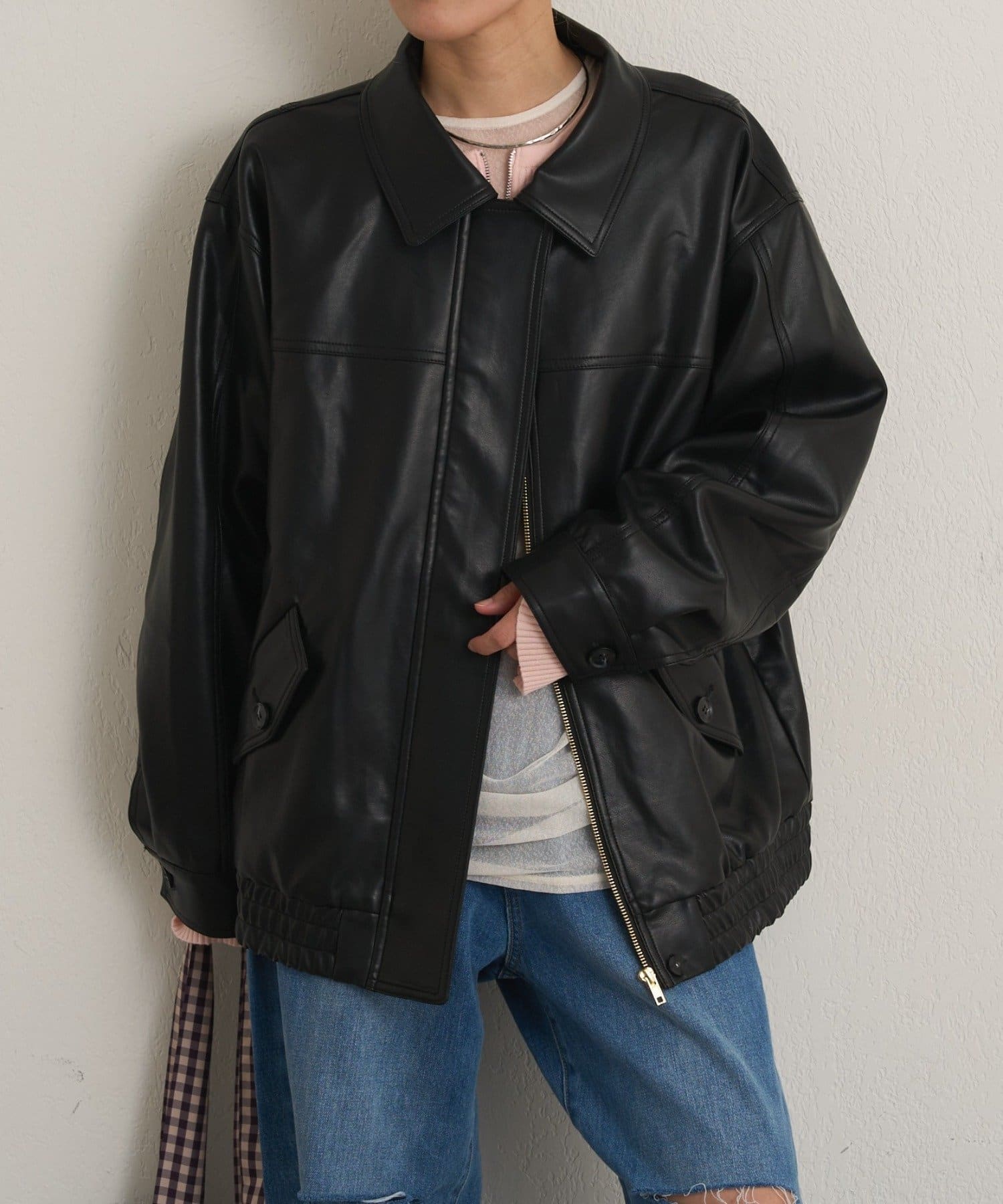 OUTLET(アウトレット) 【Omekashi】フェイクレザーブルゾン