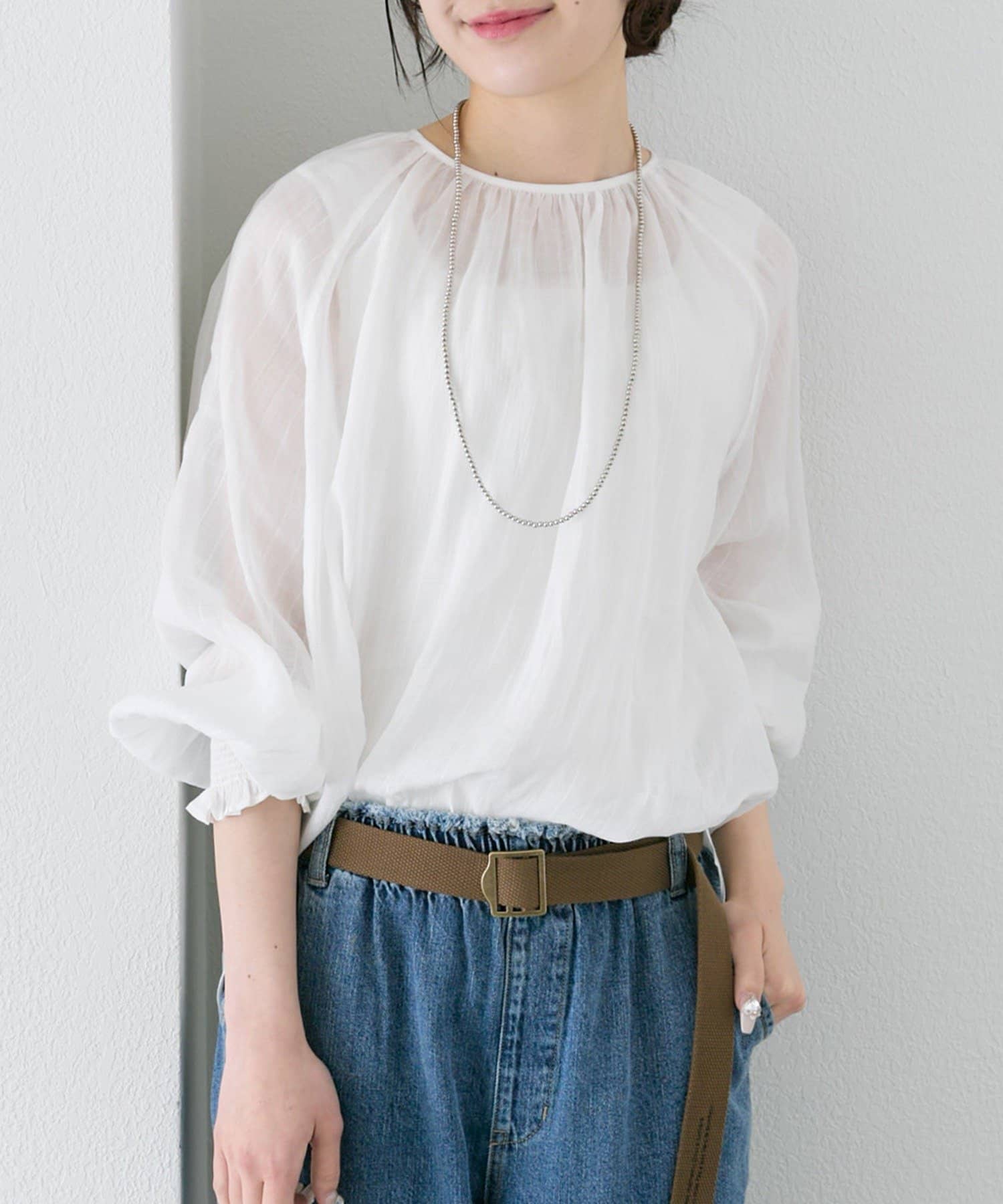 PUAL CE CIN(ピュアルセシン) ストライプラミーシャーリングカフブラウス