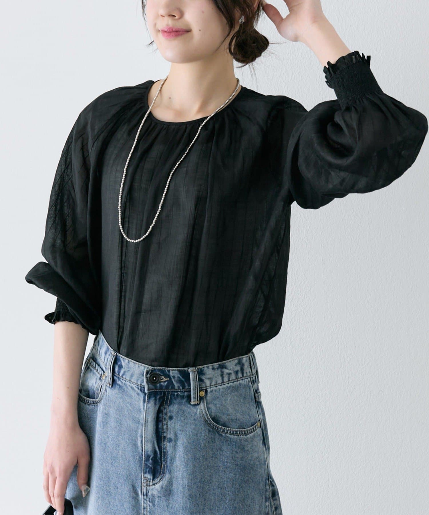 PUAL CE CIN(ピュアルセシン) ストライプラミーシャーリングカフブラウス