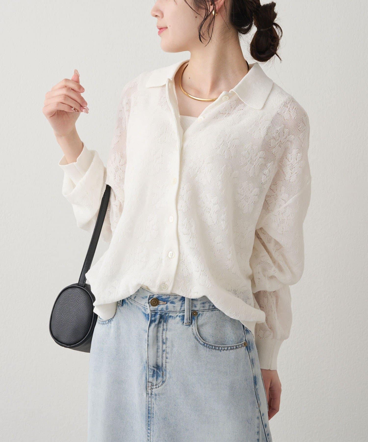 PUAL CE CIN(ピュアルセシン) 透かし編み花柄ジャガード襟付カーディガン