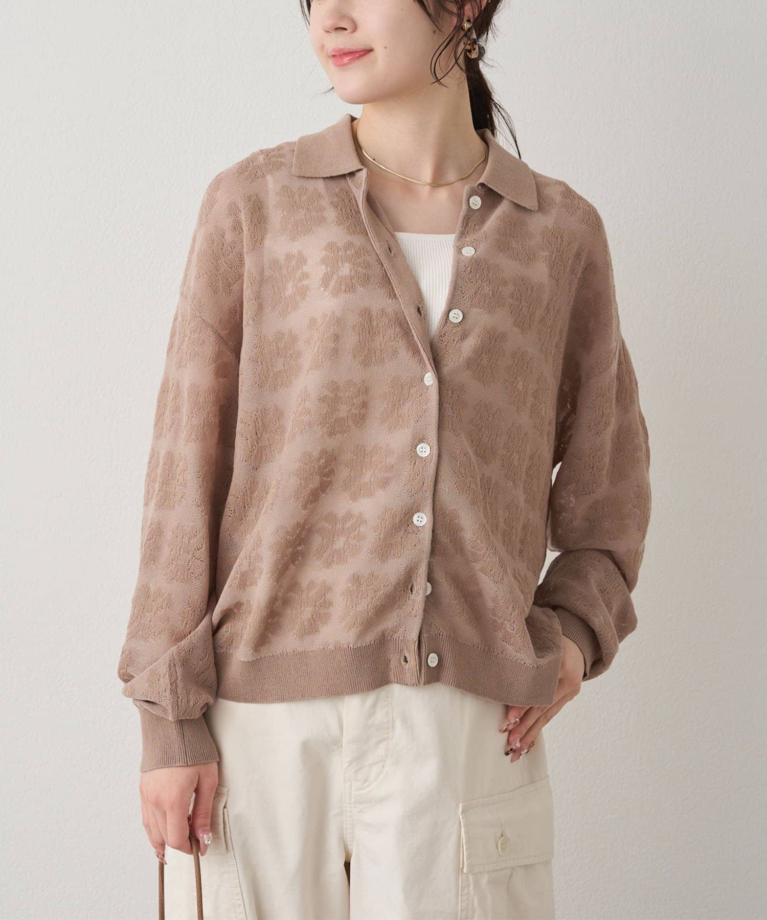 PUAL CE CIN(ピュアルセシン) 透かし編み花柄ジャガード襟付カーディガン