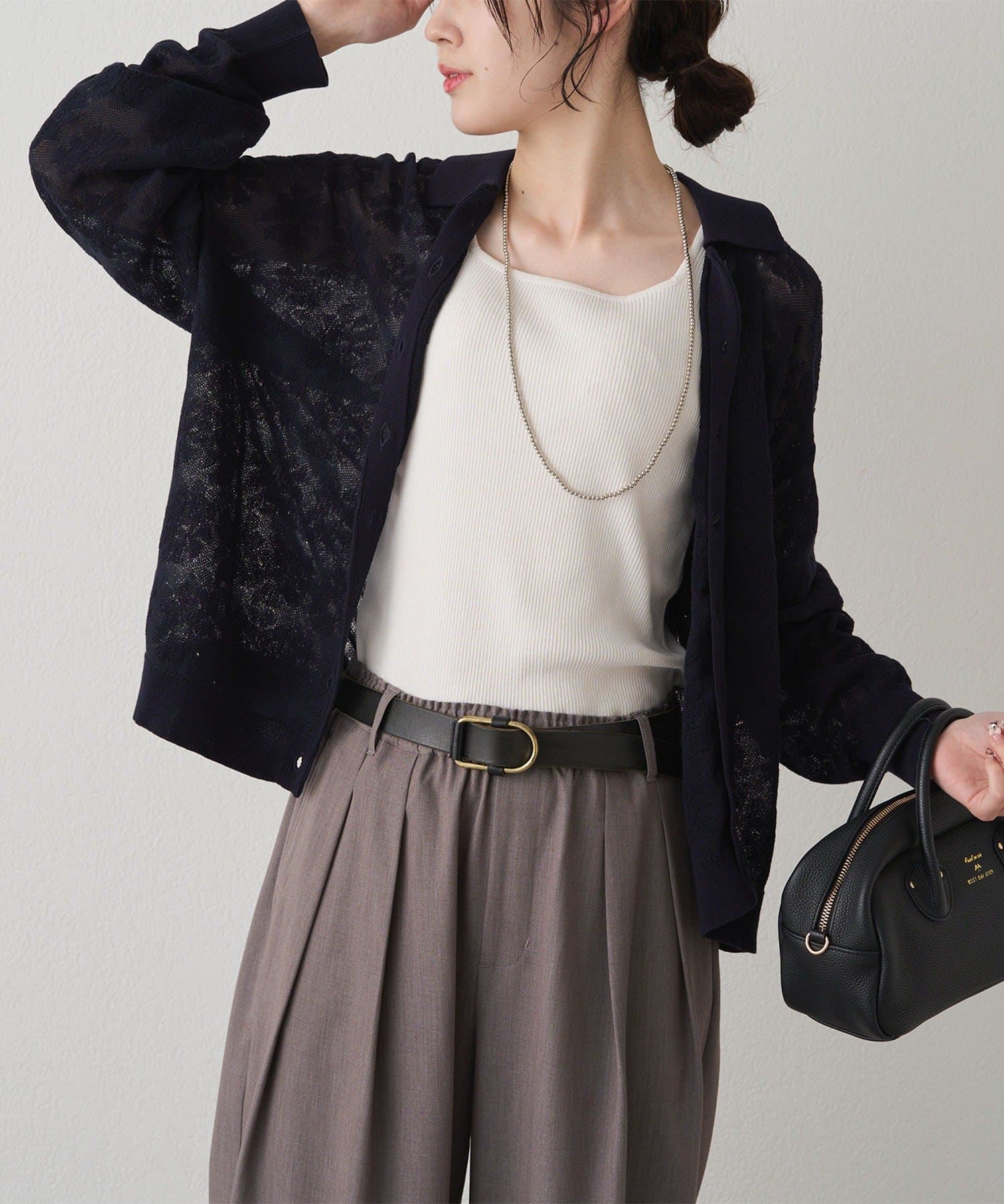 PUAL CE CIN(ピュアルセシン) 透かし編み花柄ジャガード襟付カーディガン