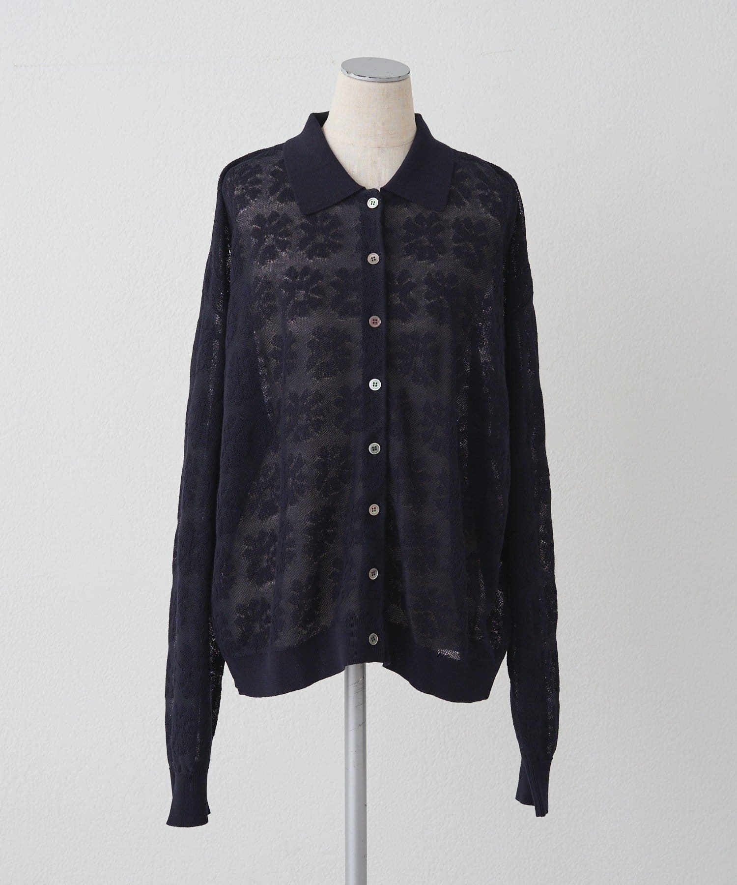 PUAL CE CIN(ピュアルセシン) 透かし編み花柄ジャガード襟付カーディガン