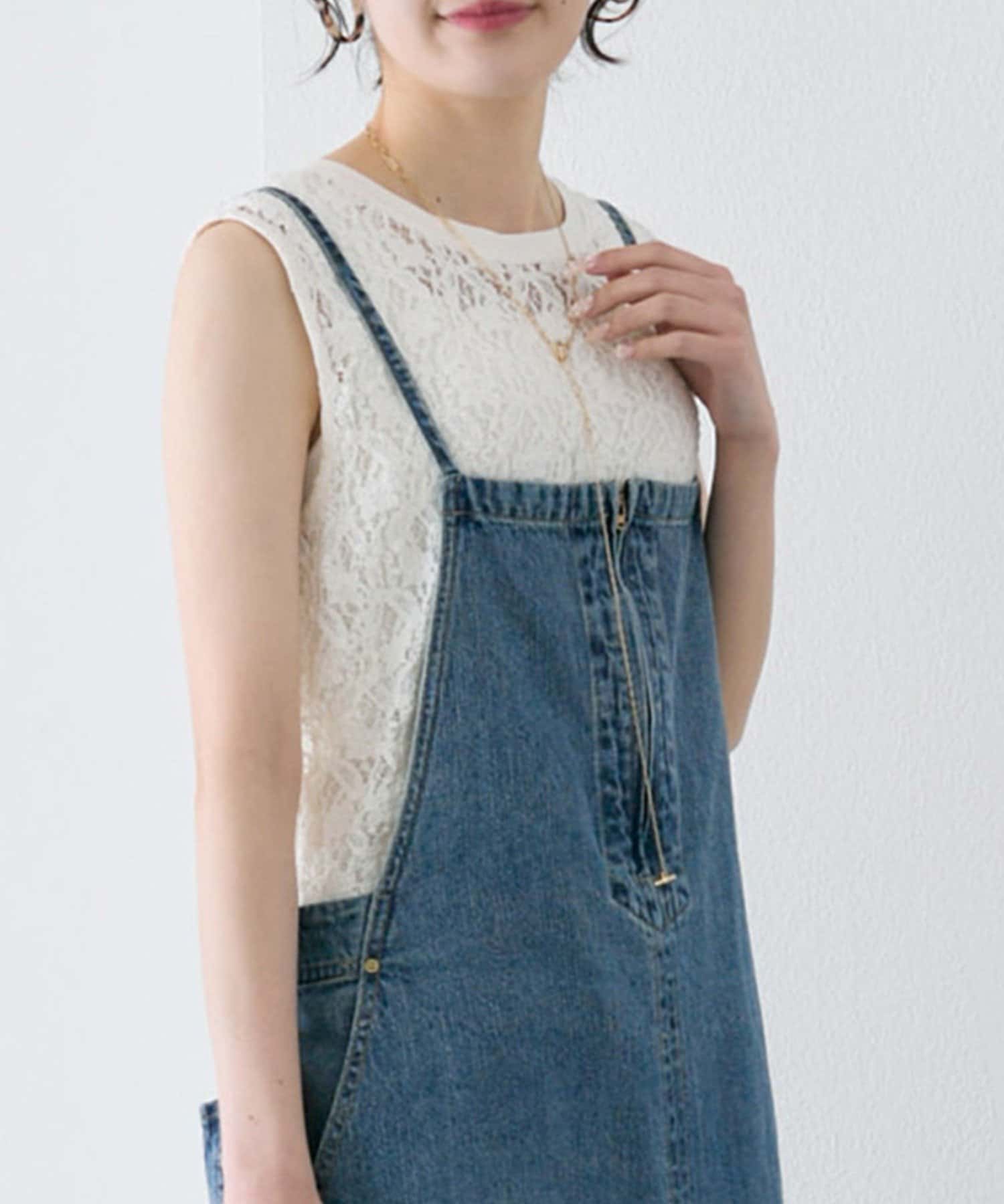 PUAL CE CIN(ピュアルセシン) ストレッチレースノースリーブTシャツ