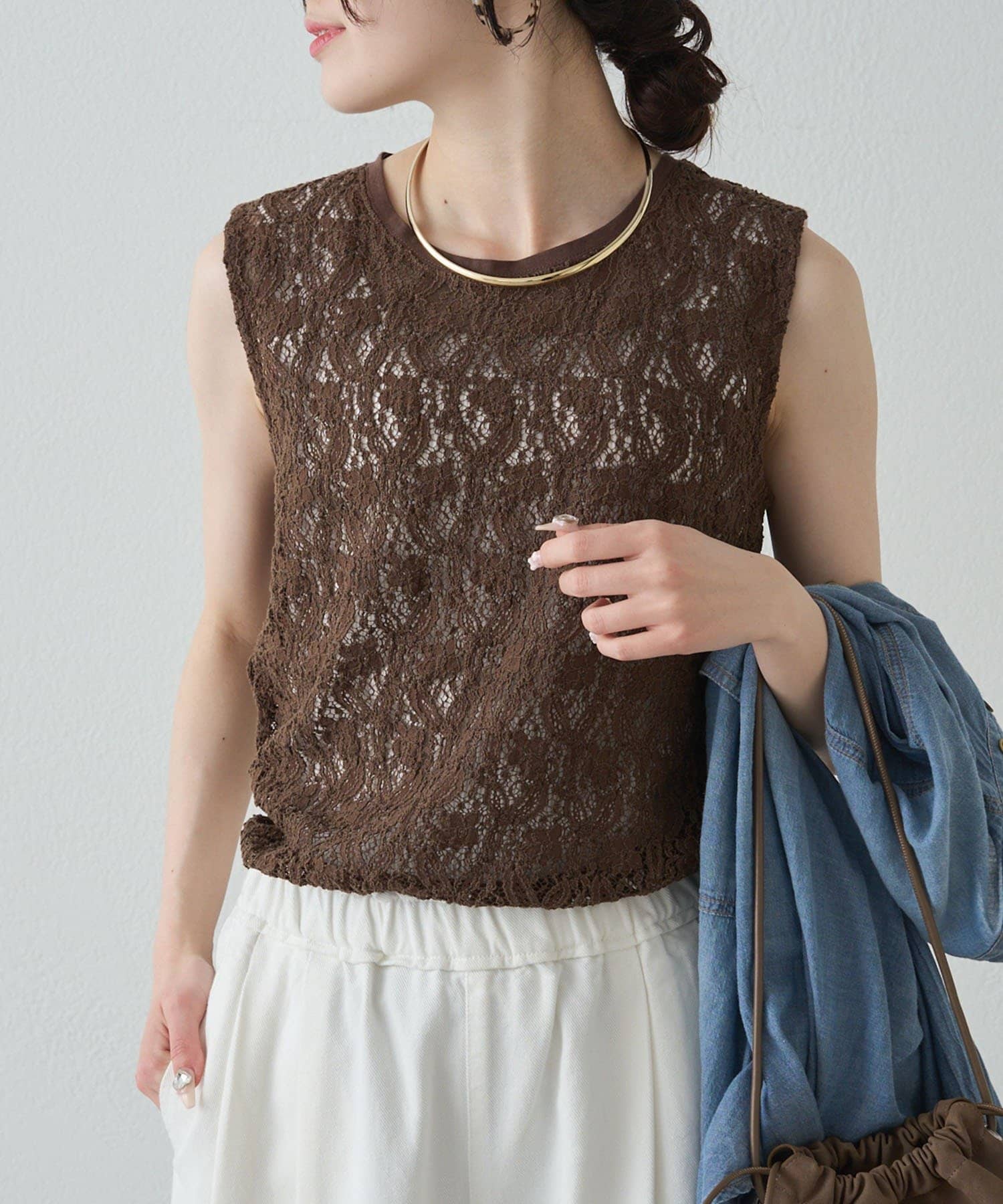 PUAL CE CIN(ピュアルセシン) ストレッチレースノースリーブTシャツ