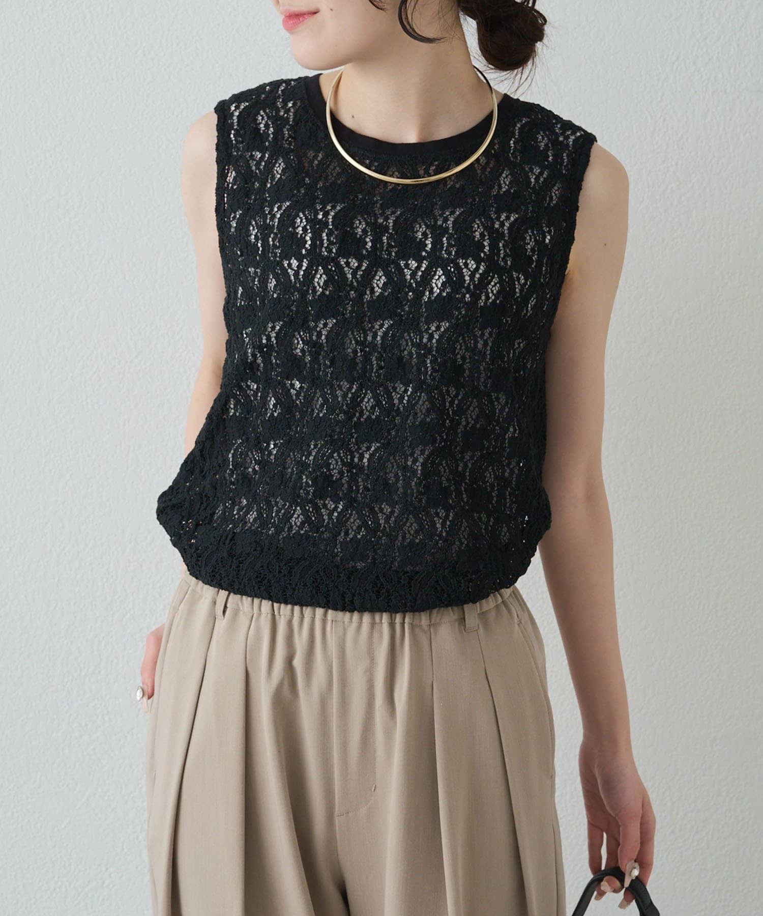 PUAL CE CIN(ピュアルセシン) ストレッチレースノースリーブTシャツ