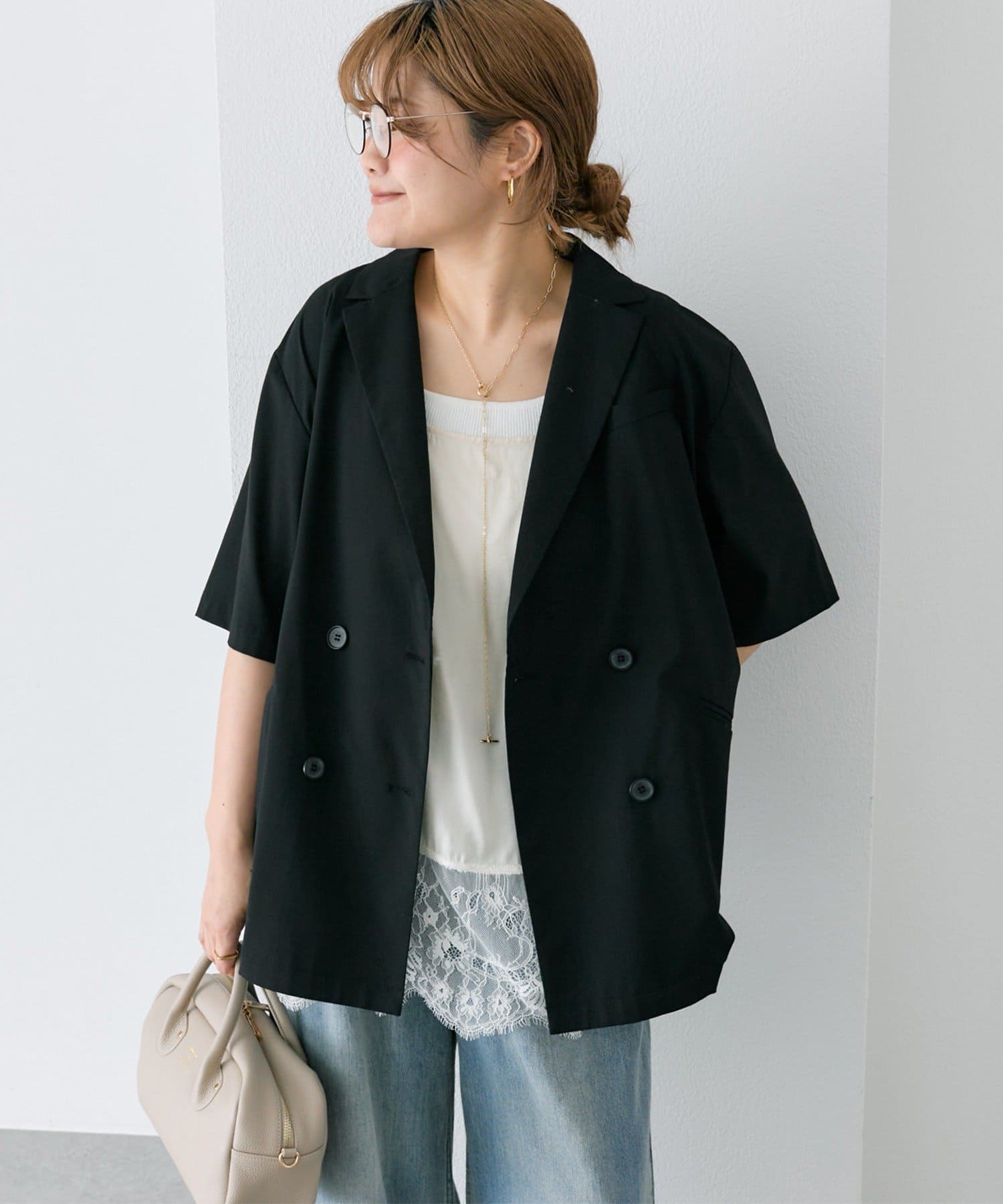 PUAL CE CIN(ピュアルセシン) 【＠noricorico102】ハーフスリーブダブルデザインテーラードジャケット