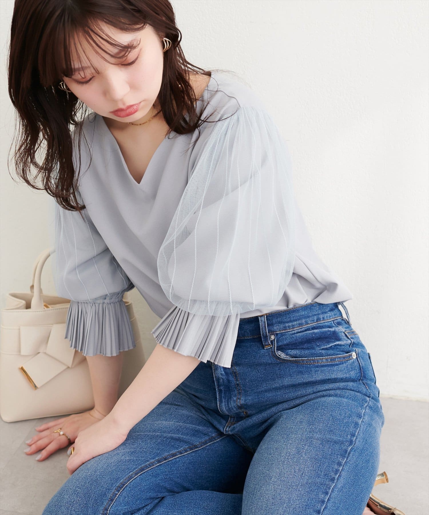 natural couture(ナチュラルクチュール) 袖口プリーツチュール袖ブラウス