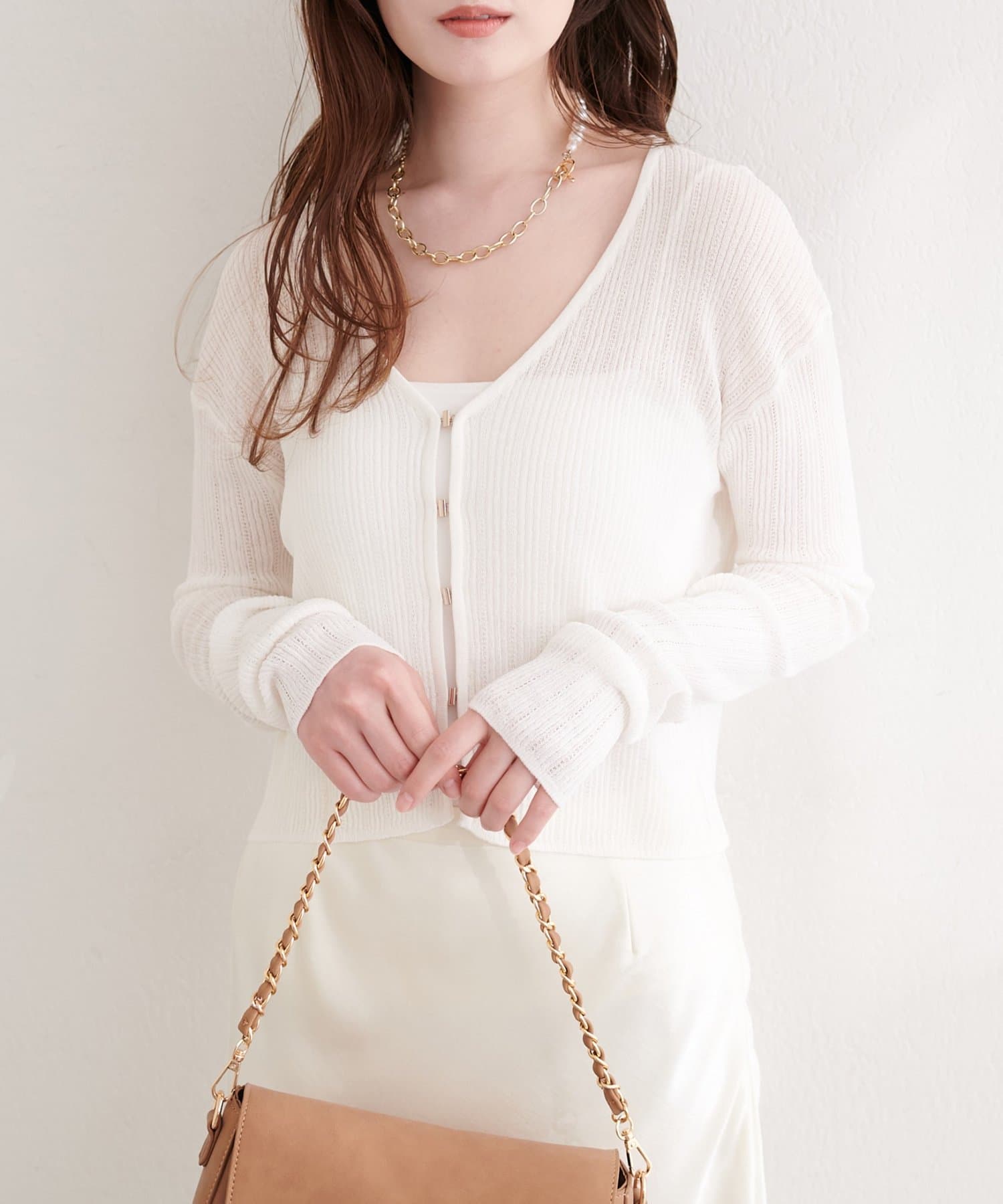 natural couture(ナチュラルクチュール) リブ柄入りフロントホックカーディガン