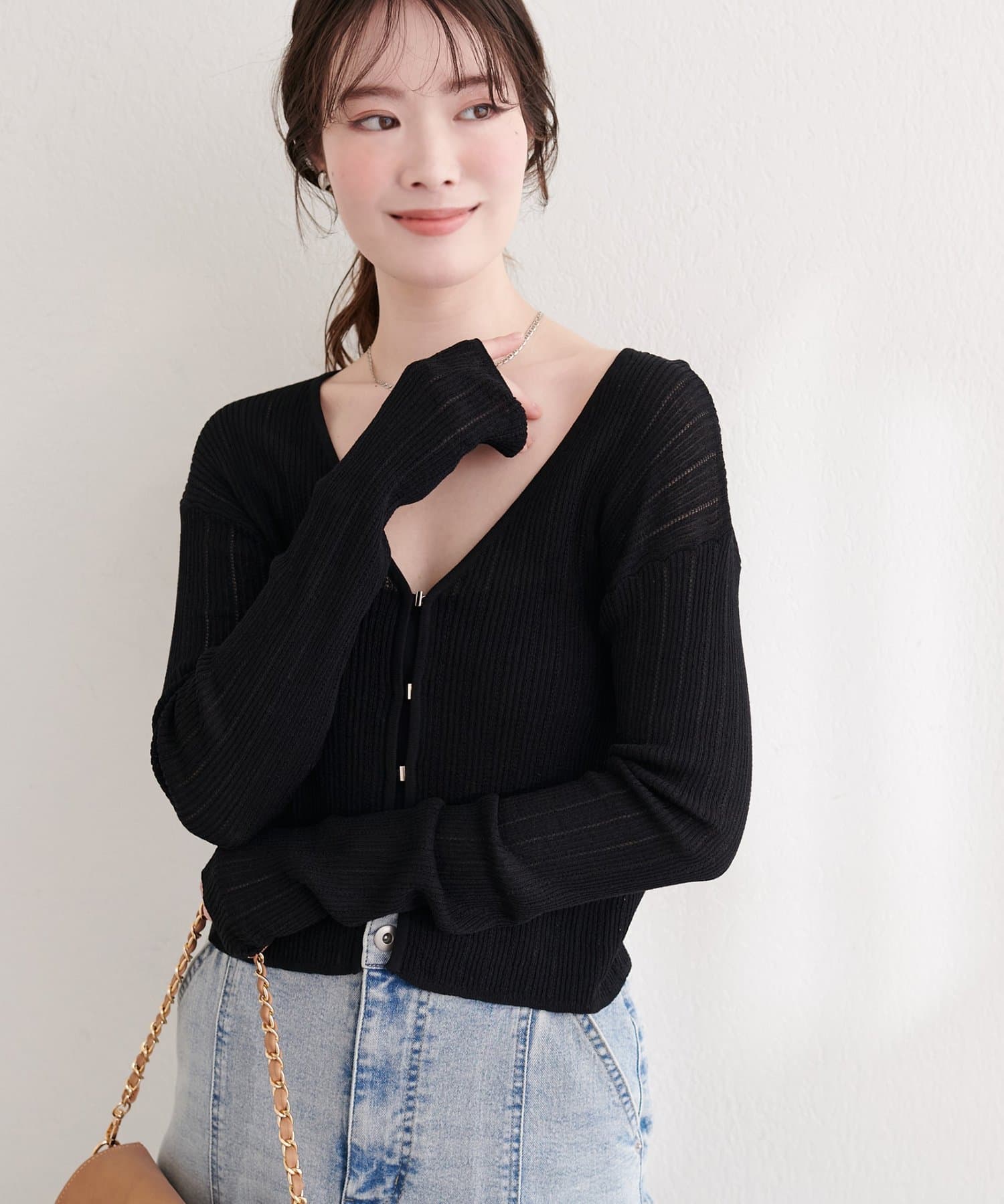 natural couture(ナチュラルクチュール) リブ柄入りフロントホックカーディガン