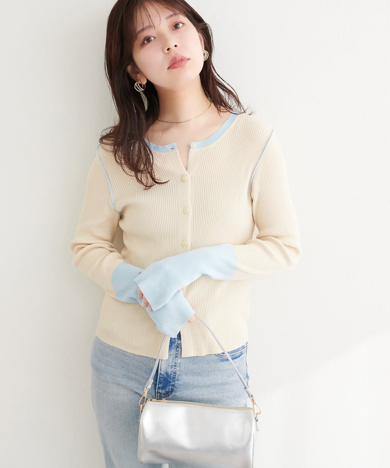 natural couture(ナチュラルクチュール) バイカラーリブニットカーデ