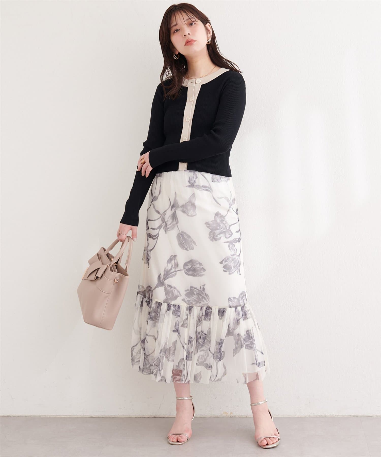 natural couture(ナチュラルクチュール) 細リブ配色ショート丈カーディガン