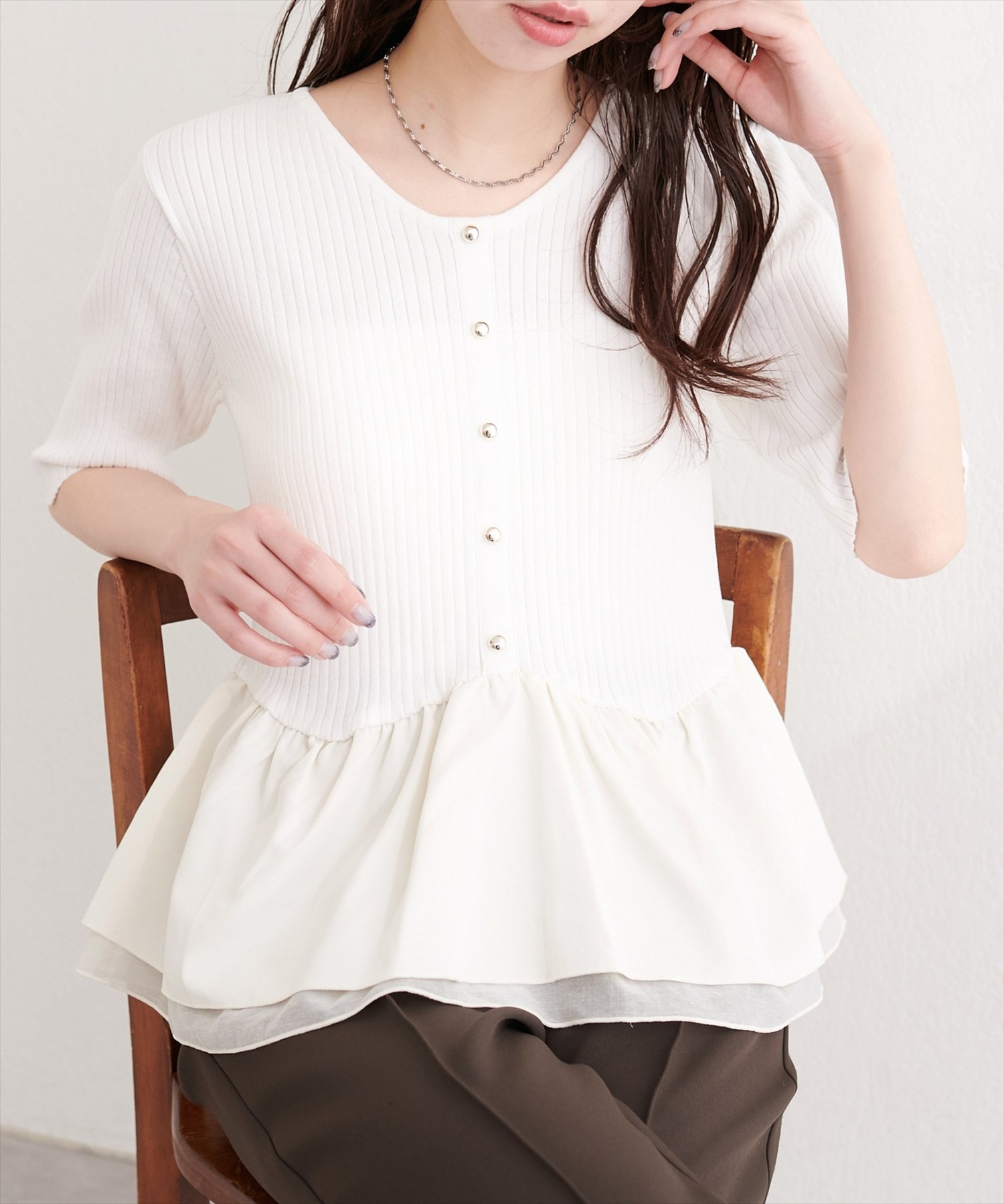 natural couture(ナチュラルクチュール) 異素材ペプラム半袖ニット