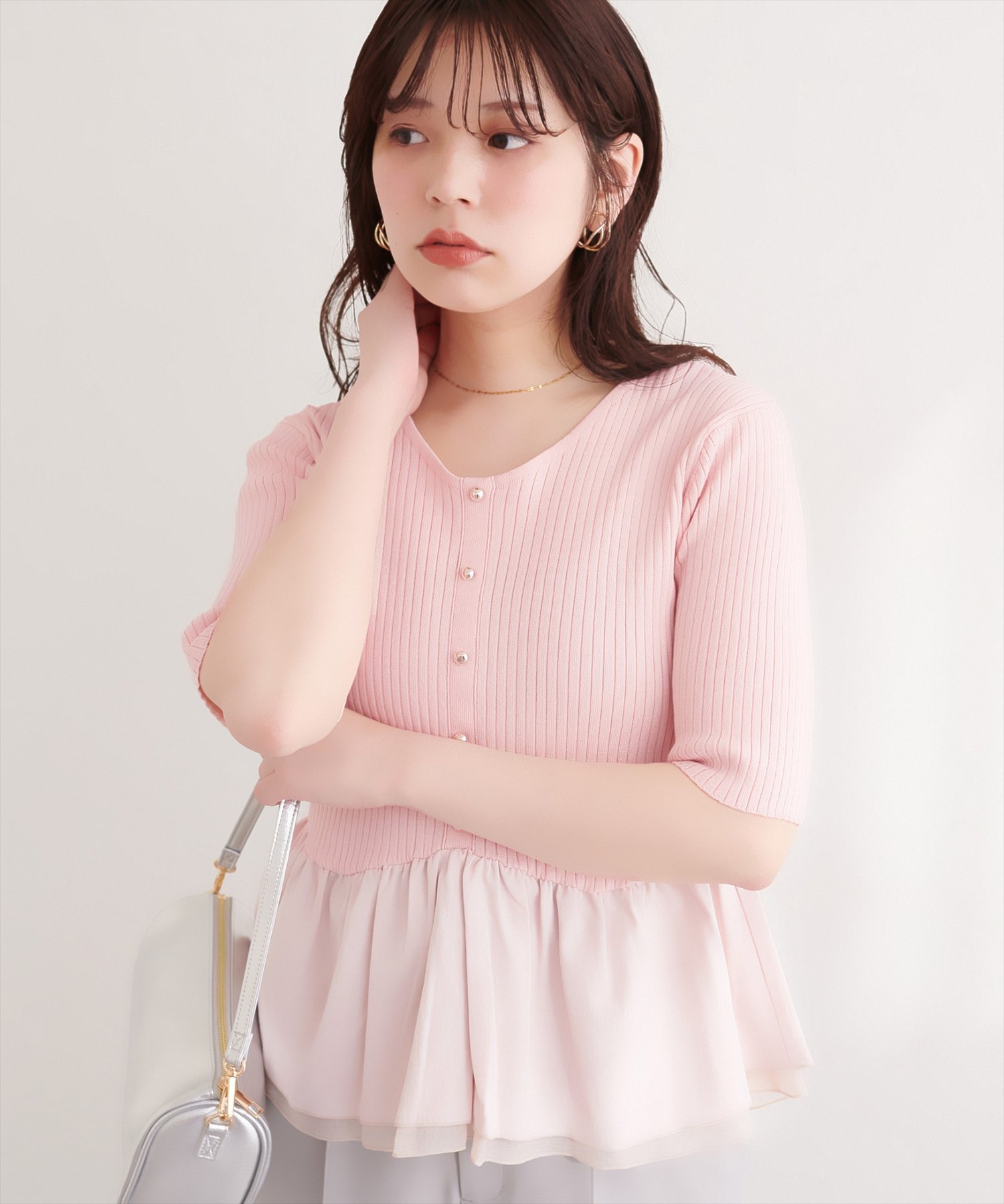 natural couture(ナチュラルクチュール) 異素材ペプラム半袖ニット