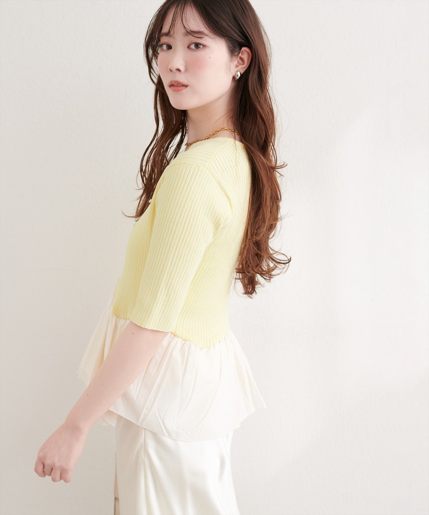 natural couture(ナチュラルクチュール) 異素材ペプラム半袖ニット