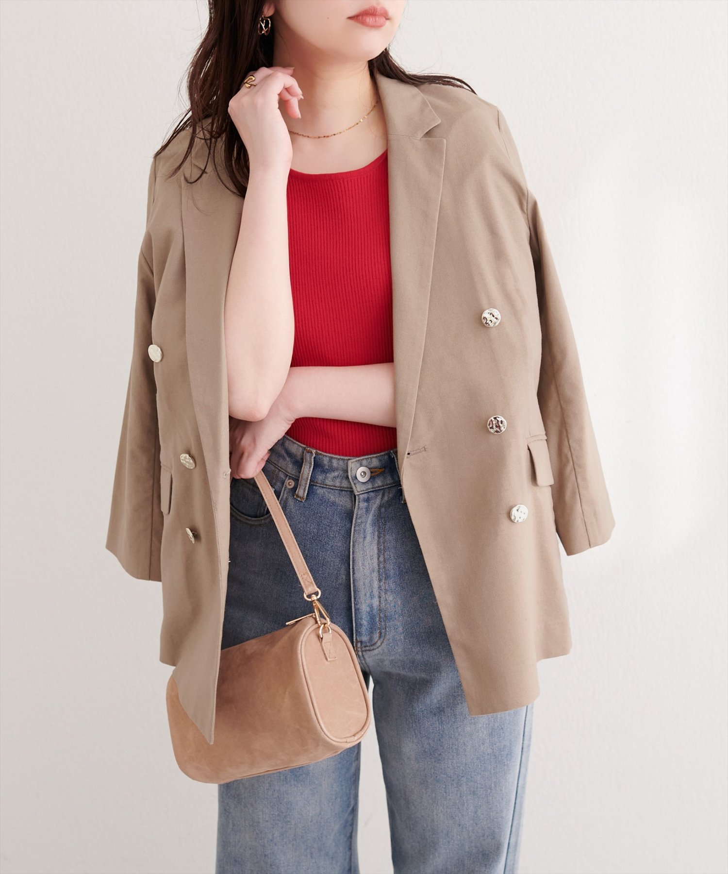 natural couture(ナチュラルクチュール) 〈osono〉べこべこ金釦綿麻テーラードジャケット