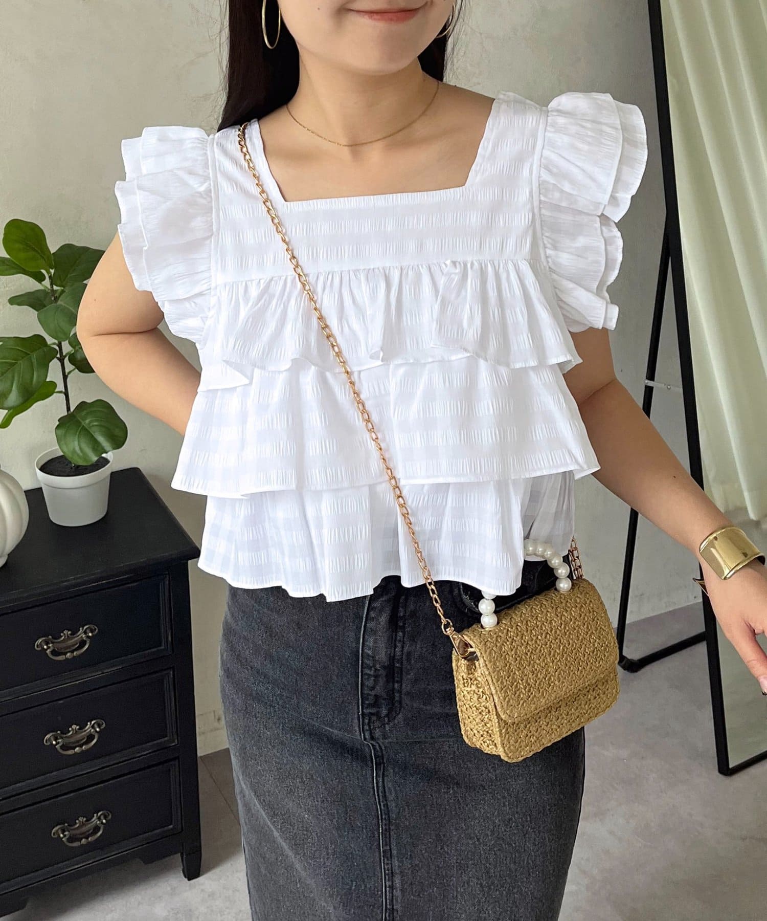 prose verse(プロズヴェール) スクエアネックティアードフリルギンガムブラウス