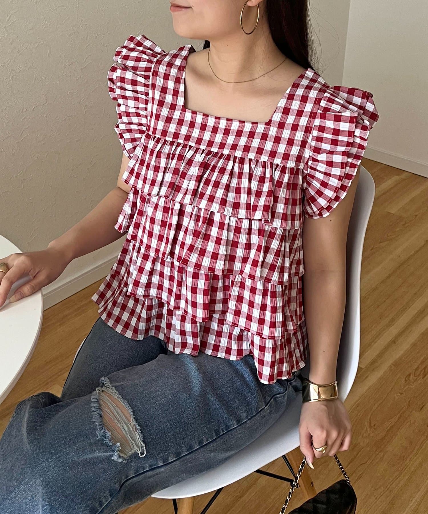 prose verse(プロズヴェール) スクエアネックティアードフリルギンガムブラウス