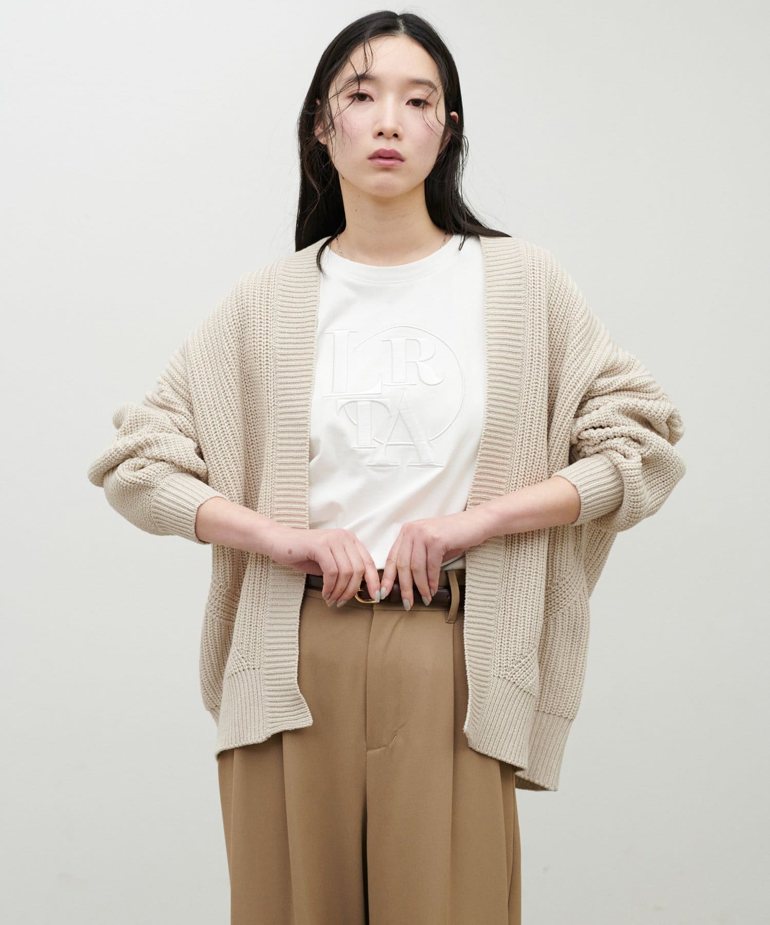 LARUTA(ラルータ) ドロップショルダー片畦ニットカーディガン