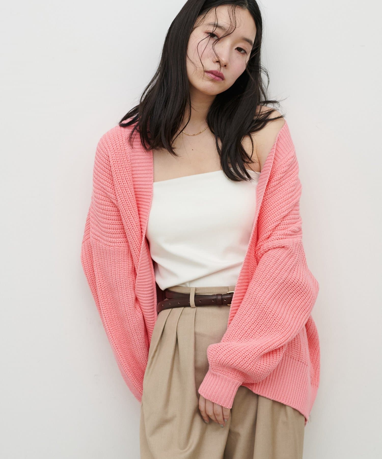 LARUTA(ラルータ) ドロップショルダー片畦ニットカーディガン